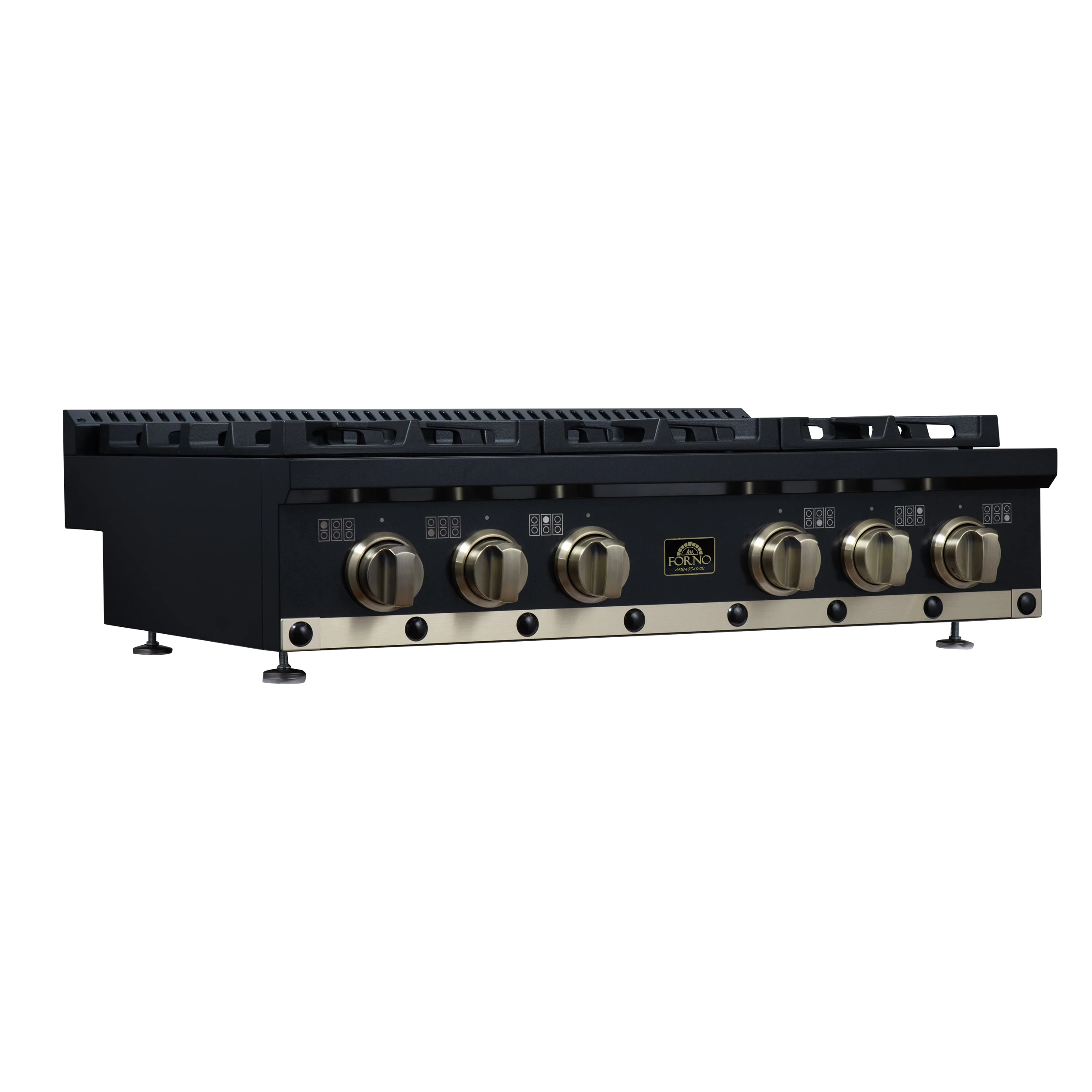 Valente 36" Gas Cooktop in , 6 Sealed burners, 71,000 BUT Output, 1 Antique Brass Dual-Ring Burner, Continuous Cast Iron Grates FCTGS579936CPBLK