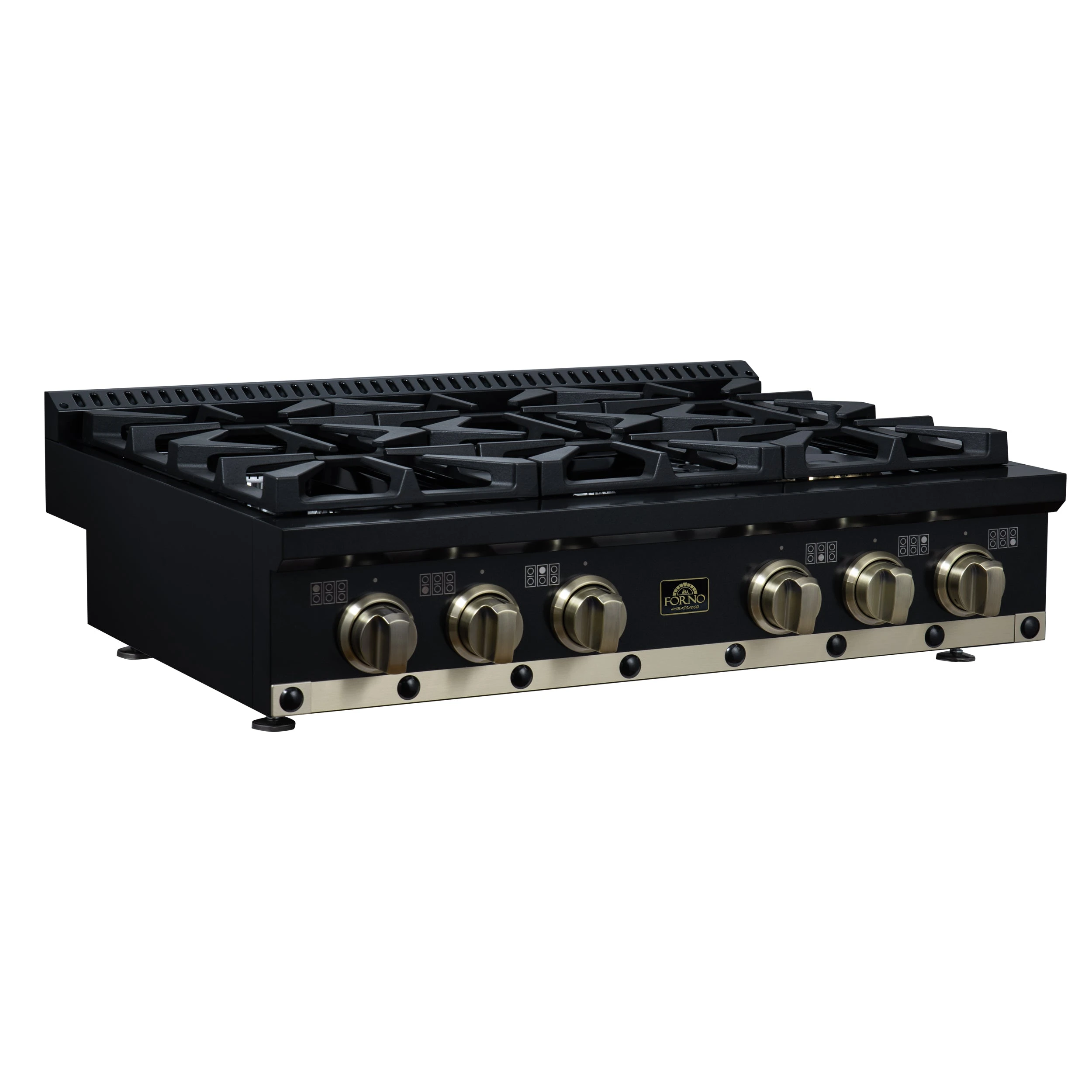 Valente 36" Gas Cooktop in , 6 Sealed burners, 71,000 BUT Output, 1 Antique Brass Dual-Ring Burner, Continuous Cast Iron Grates FCTGS579936CPBLK