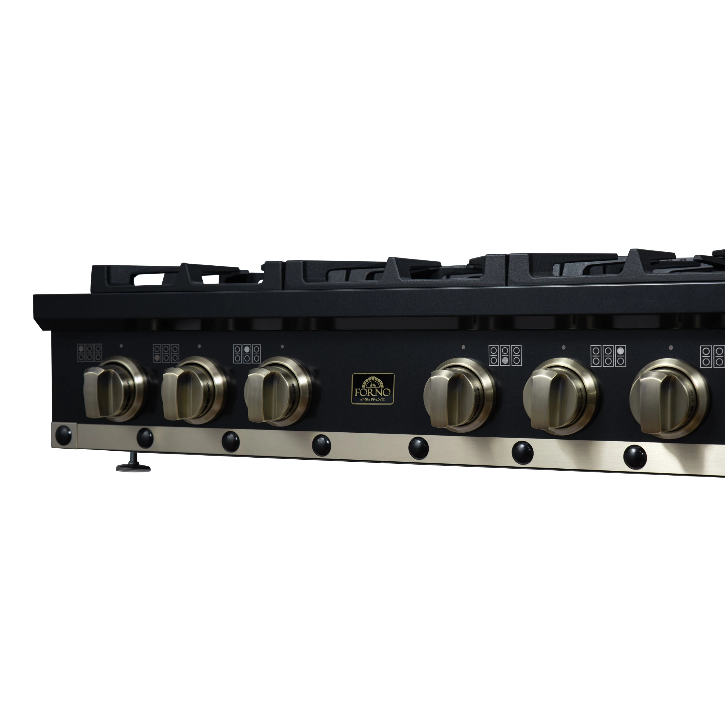 Valente 36" Gas Cooktop in , 6 Sealed burners, 71,000 BUT Output, 1 Antique Brass Dual-Ring Burner, Continuous Cast Iron Grates FCTGS579936CPBLK
