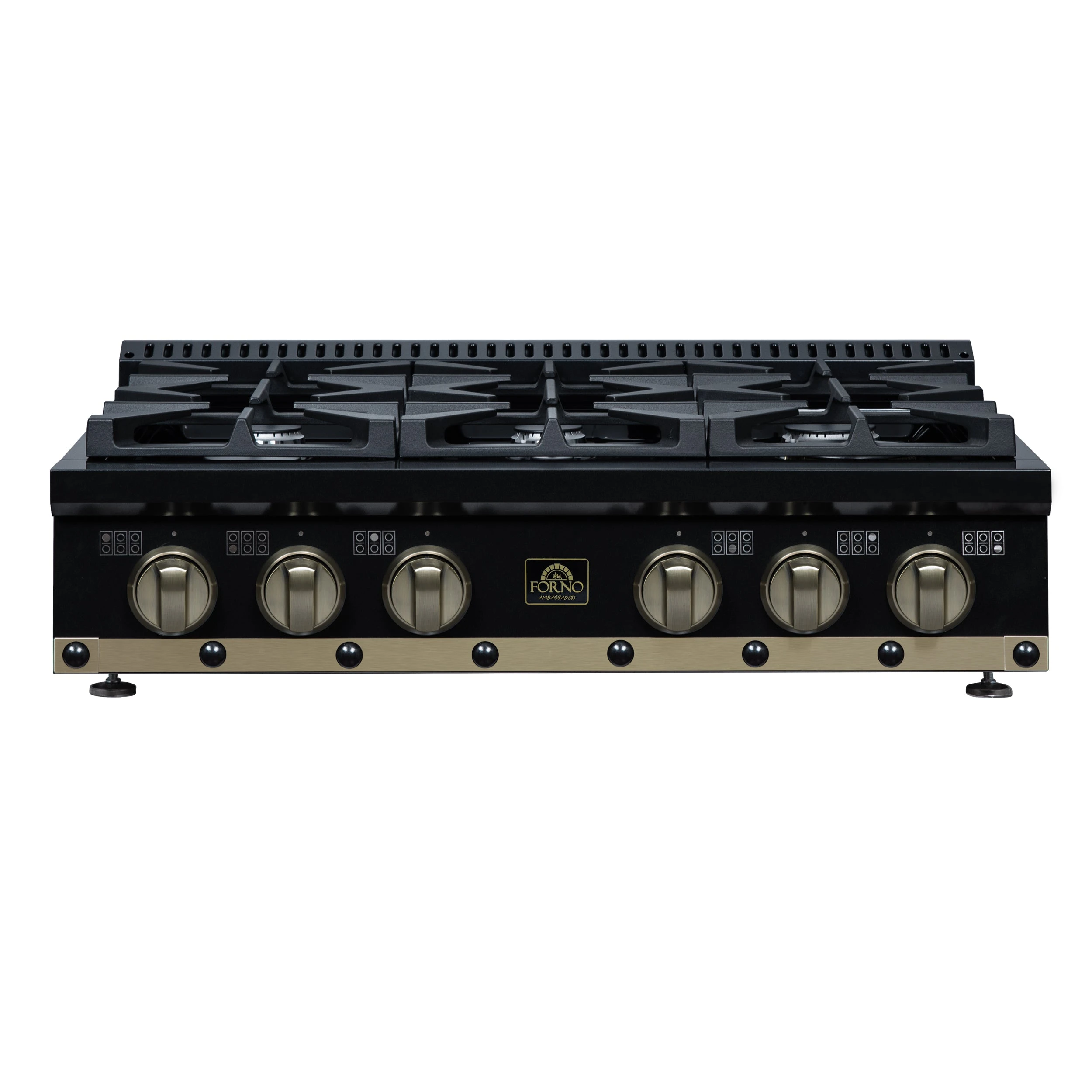 Valente 36" Gas Cooktop in , 6 Sealed burners, 71,000 BUT Output, 1 Antique Brass Dual-Ring Burner, Continuous Cast Iron Grates FCTGS579936CPBLK