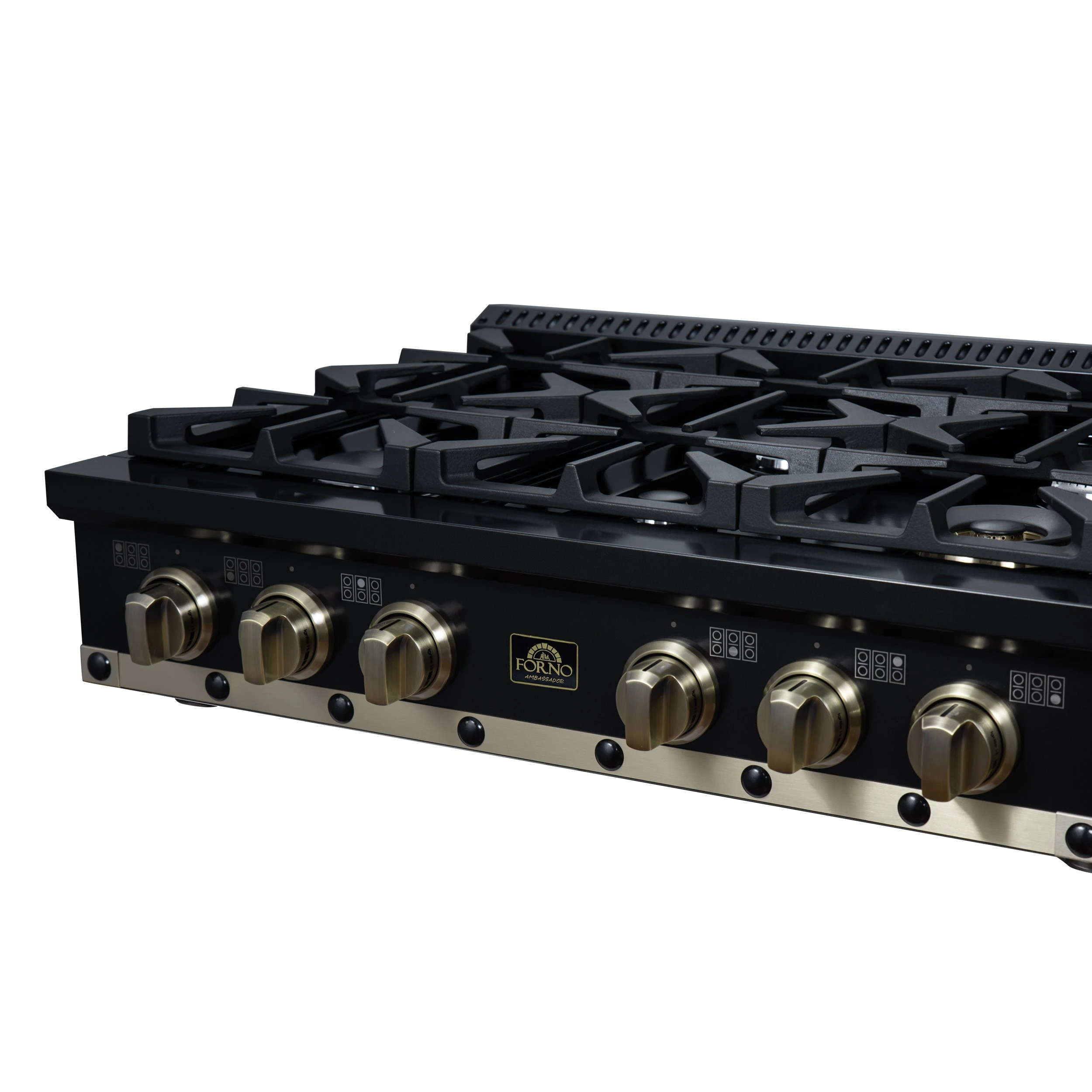 Valente 36" Gas Cooktop in , 6 Sealed burners, 71,000 BUT Output, 1 Antique Brass Dual-Ring Burner, Continuous Cast Iron Grates FCTGS579936CPBLK