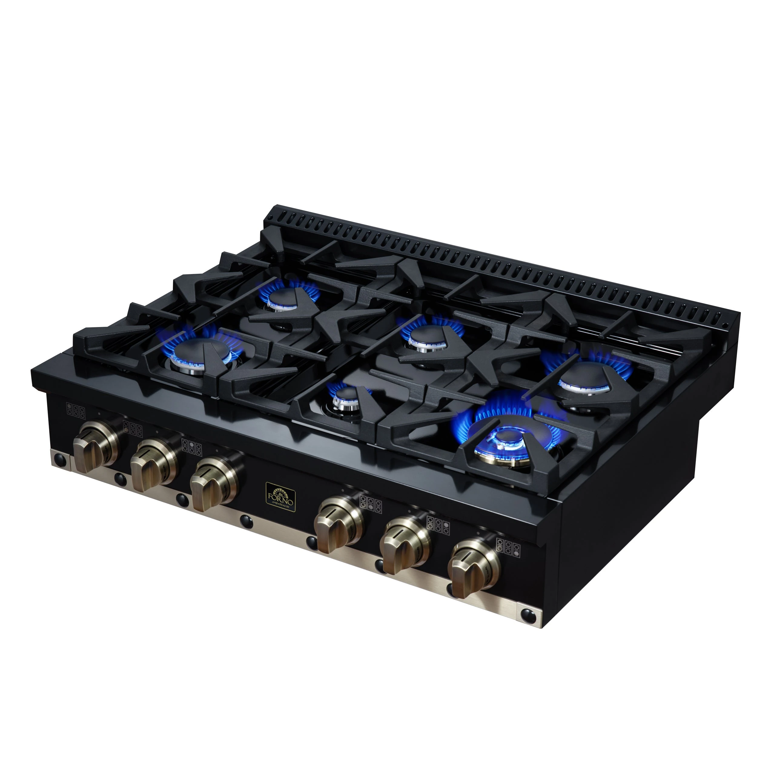 Valente 36" Gas Cooktop in , 6 Sealed burners, 71,000 BUT Output, 1 Antique Brass Dual-Ring Burner, Continuous Cast Iron Grates FCTGS579936CPBLK