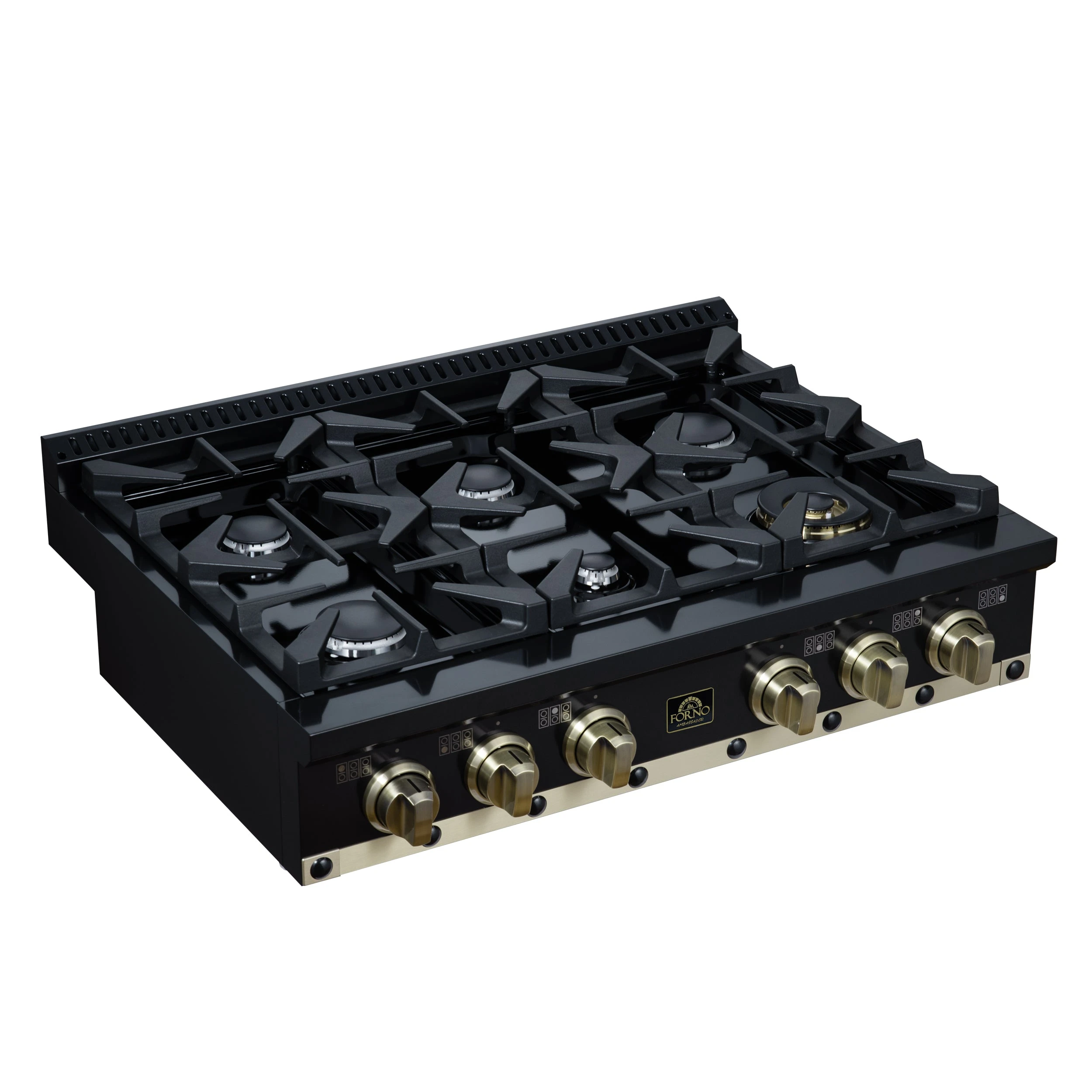 Valente 36" Gas Cooktop in , 6 Sealed burners, 71,000 BUT Output, 1 Antique Brass Dual-Ring Burner, Continuous Cast Iron Grates FCTGS579936CPBLK