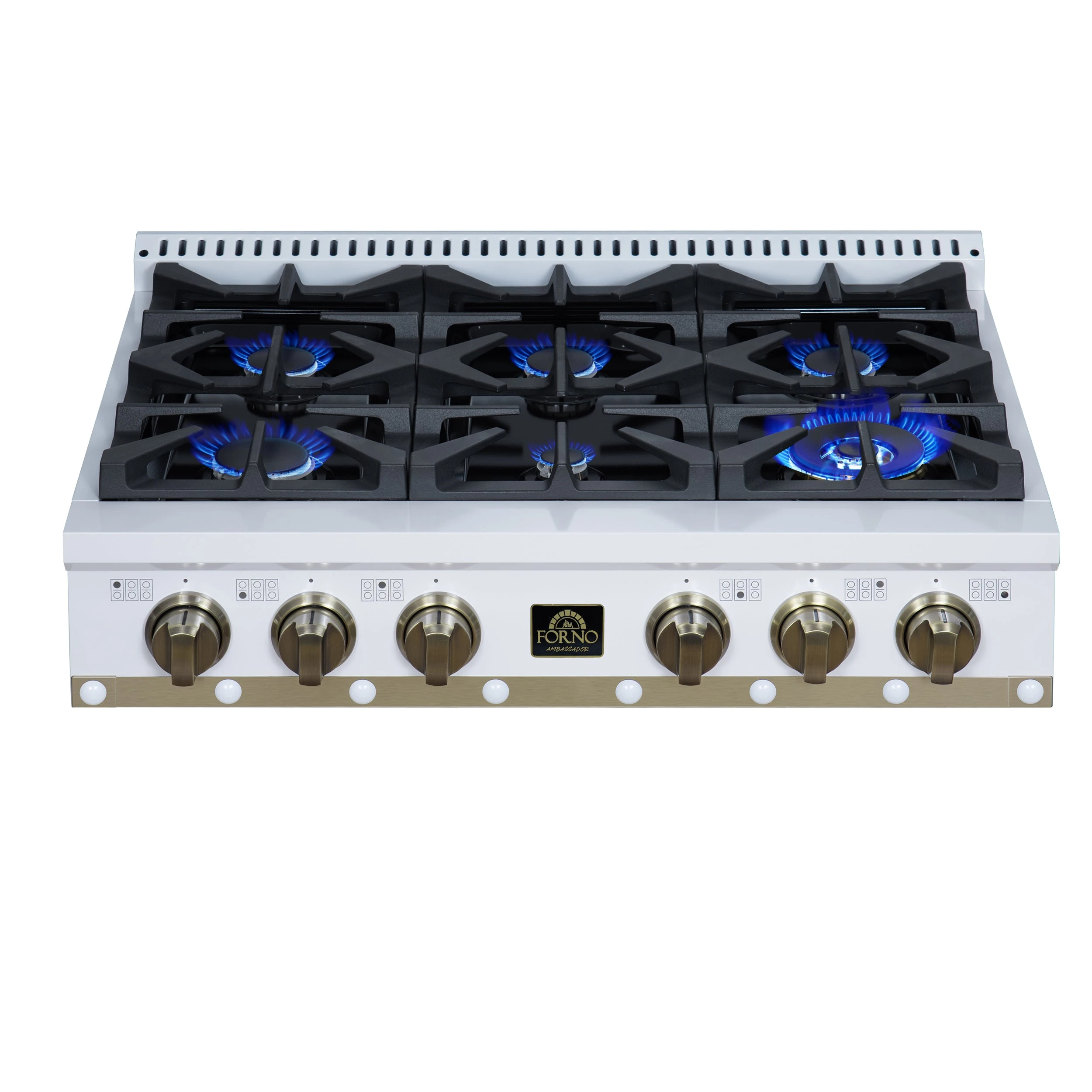 Valente 36" Gas Cooktop in , 6 Sealed burners, 71,000 BUT Output, 1 Antique Brass Dual-Ring Burner, Continuous Cast Iron Grates FCTGS579936CPWHT