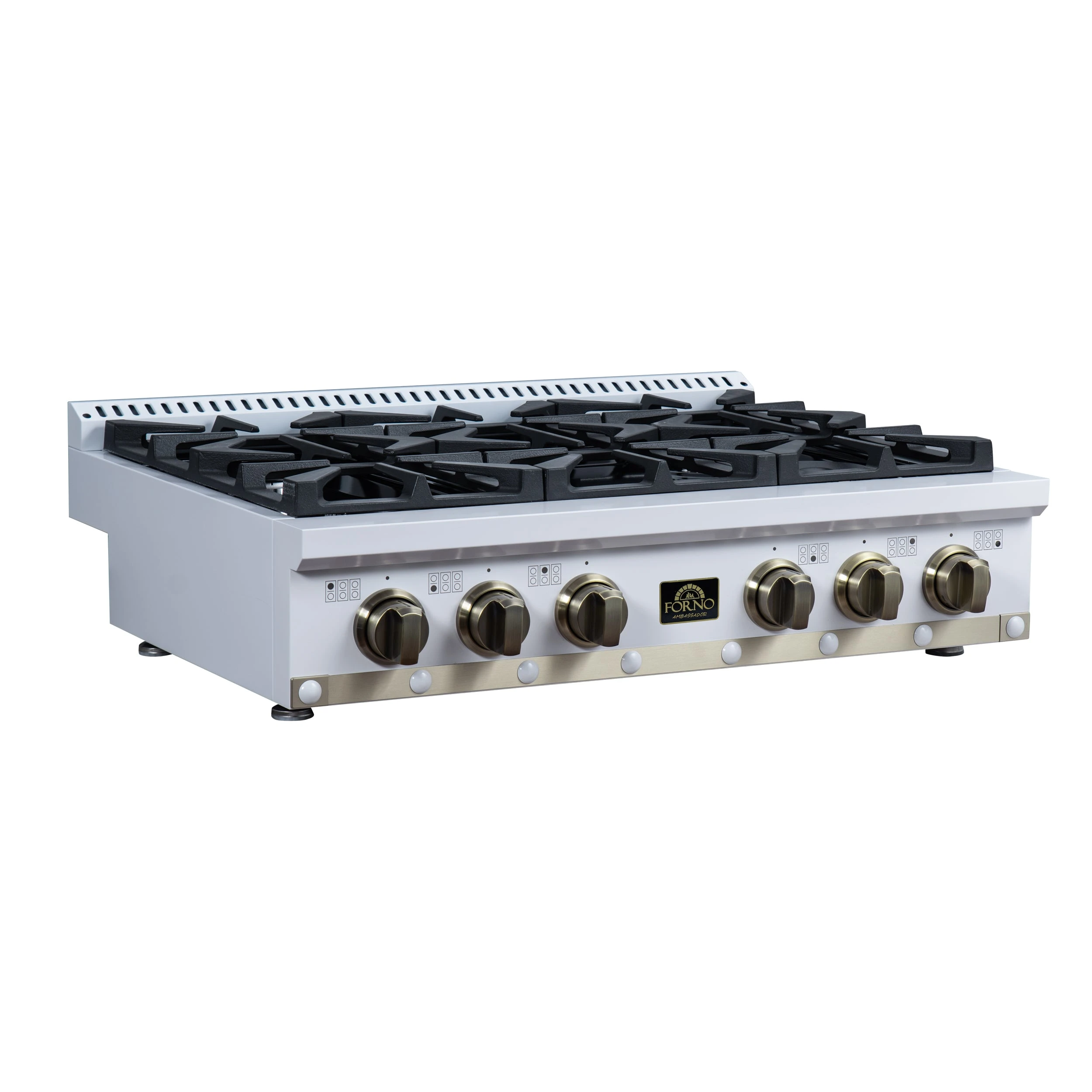Valente 36" Gas Cooktop in , 6 Sealed burners, 71,000 BUT Output, 1 Antique Brass Dual-Ring Burner, Continuous Cast Iron Grates FCTGS579936CPWHT