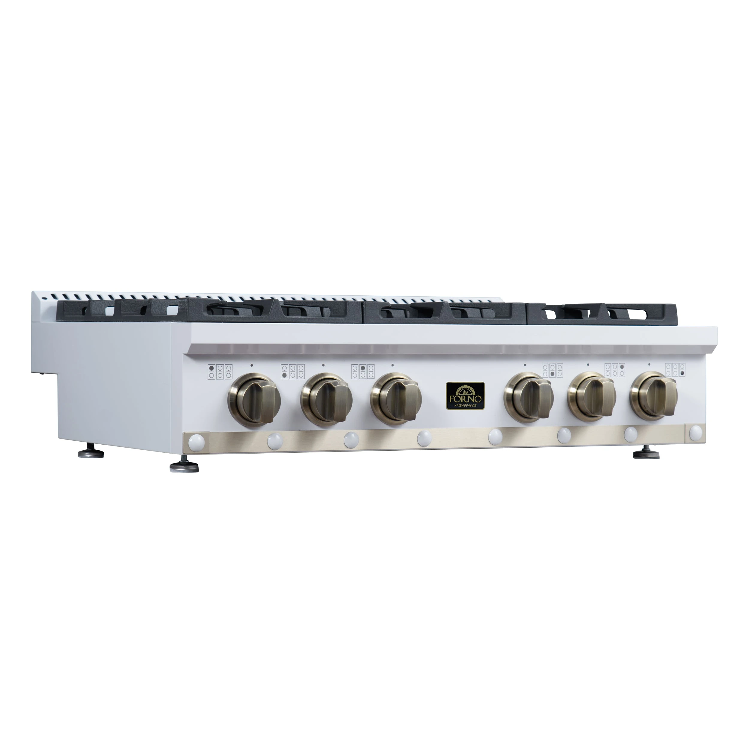 Valente 36" Gas Cooktop in , 6 Sealed burners, 71,000 BUT Output, 1 Antique Brass Dual-Ring Burner, Continuous Cast Iron Grates FCTGS579936CPWHT