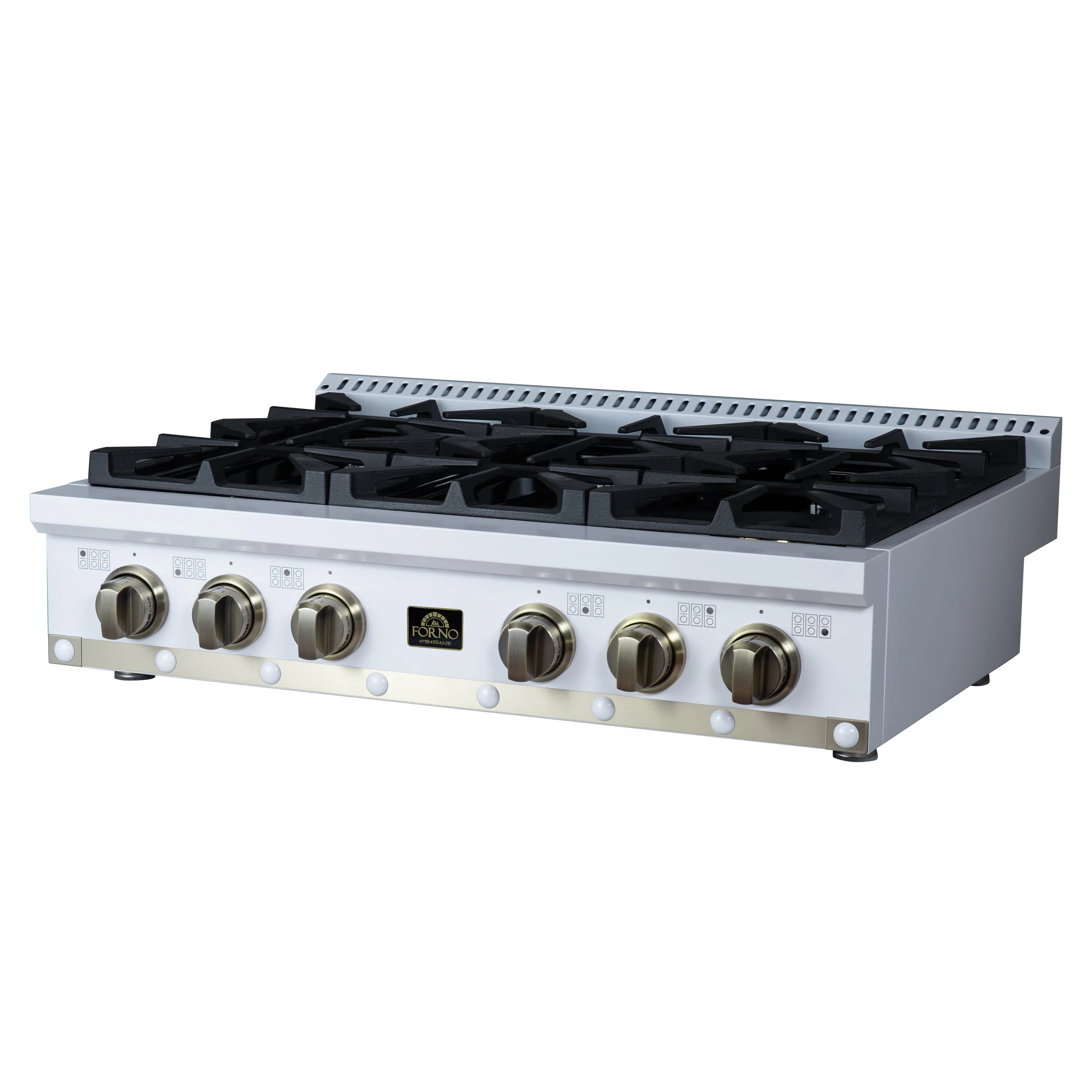 Valente 36" Gas Cooktop in , 6 Sealed burners, 71,000 BUT Output, 1 Antique Brass Dual-Ring Burner, Continuous Cast Iron Grates FCTGS579936CPWHT
