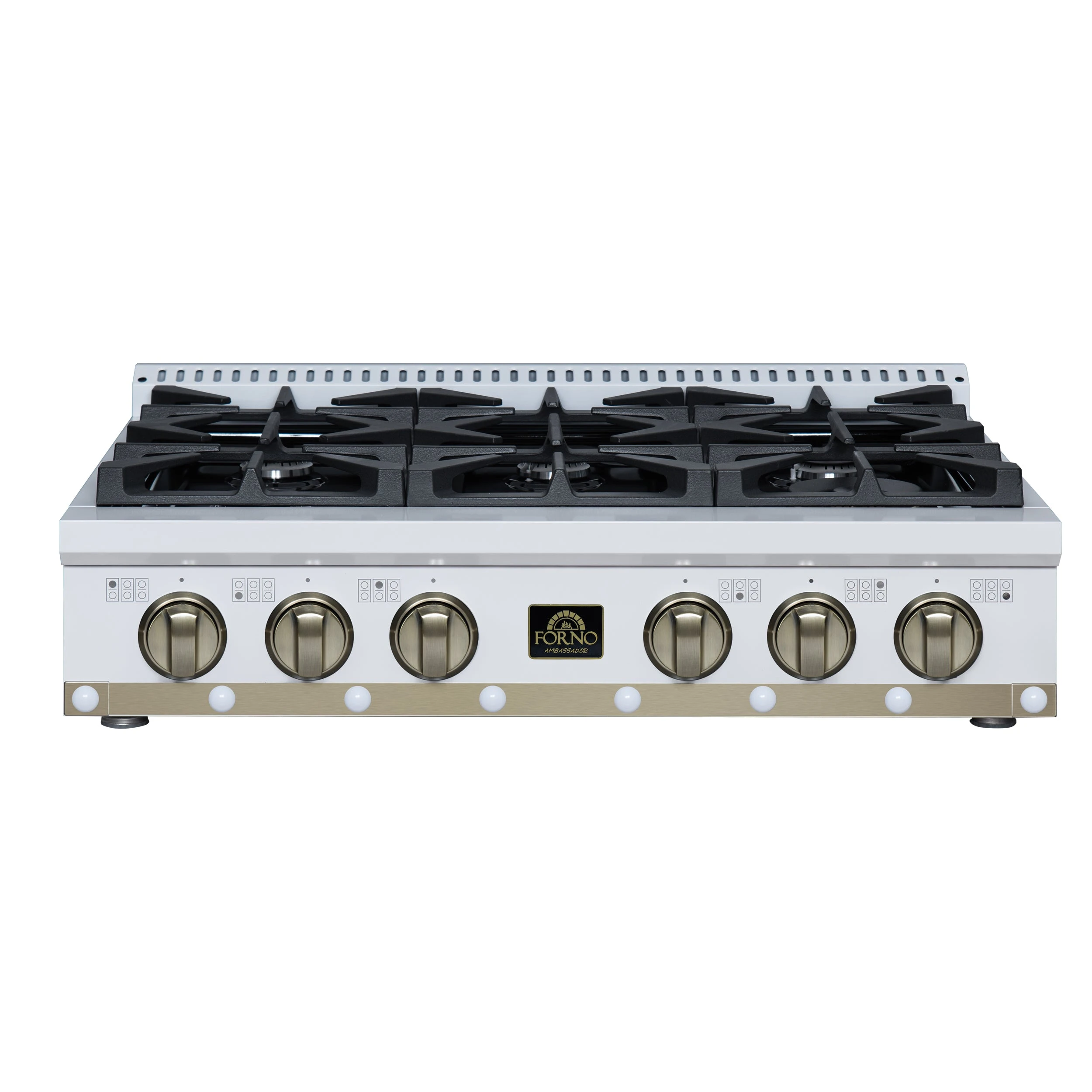 Valente 36" Gas Cooktop in , 6 Sealed burners, 71,000 BUT Output, 1 Antique Brass Dual-Ring Burner, Continuous Cast Iron Grates FCTGS579936CPWHT