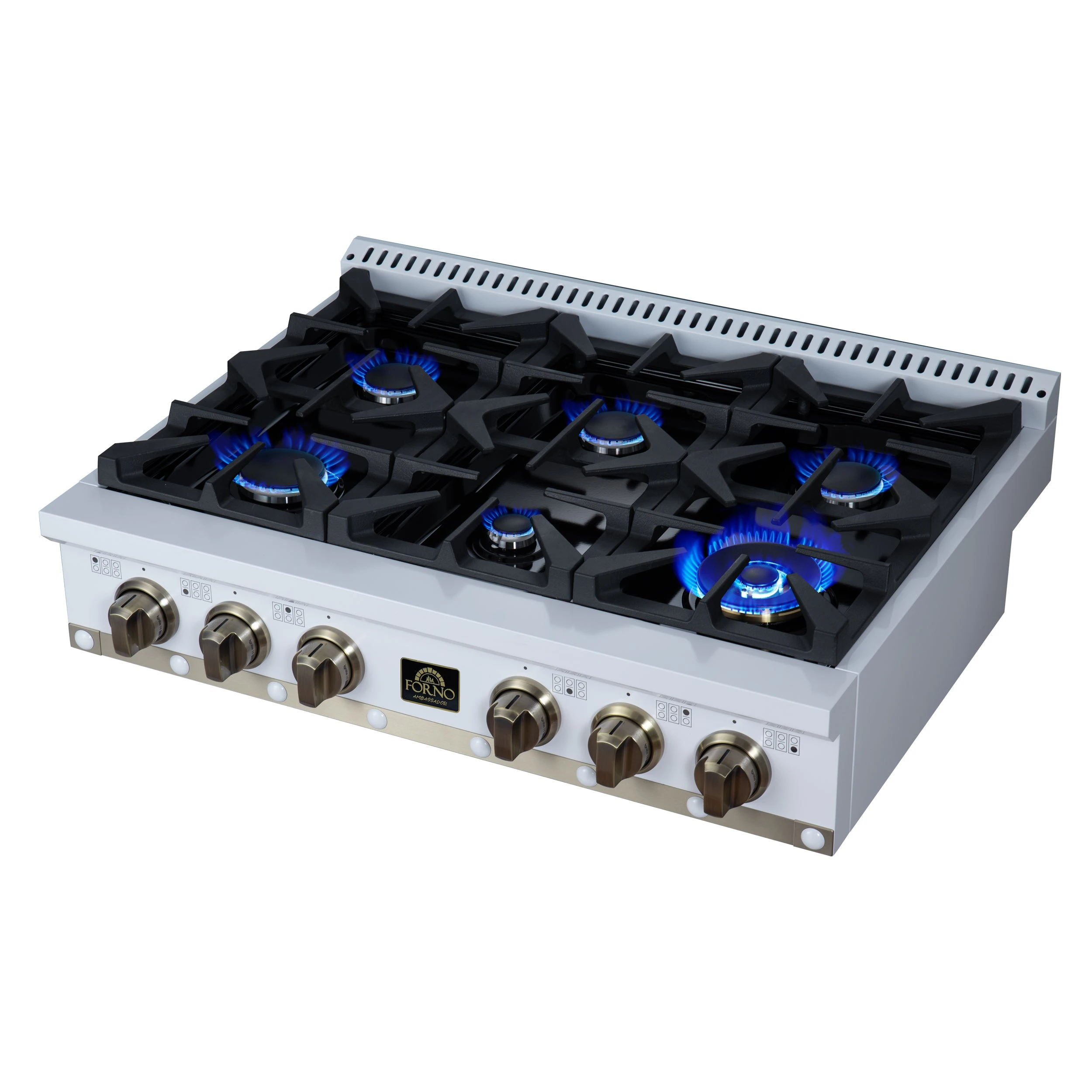 Valente 36" Gas Cooktop in , 6 Sealed burners, 71,000 BUT Output, 1 Antique Brass Dual-Ring Burner, Continuous Cast Iron Grates FCTGS579936CPWHT