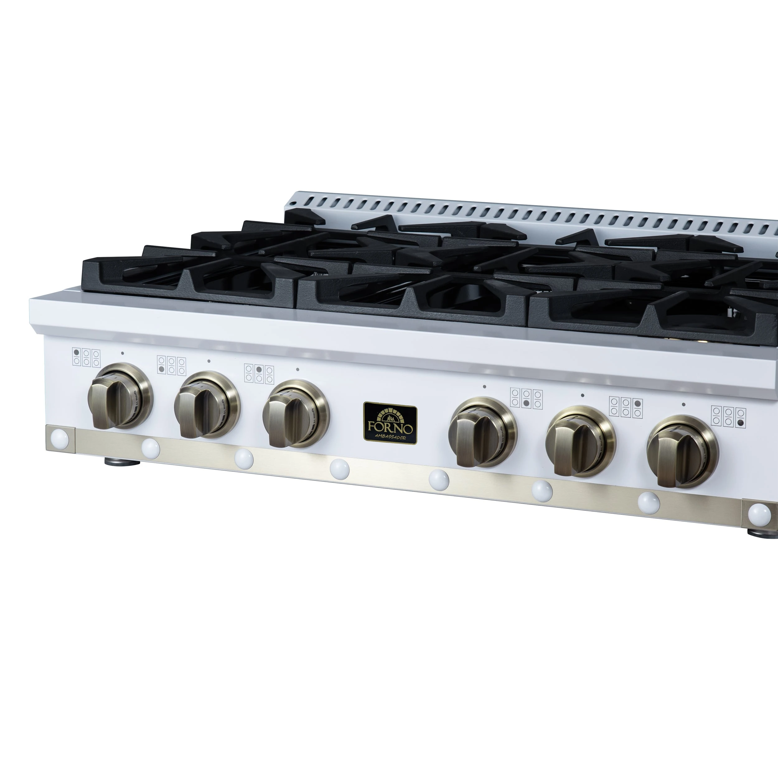 Valente 36" Gas Cooktop in , 6 Sealed burners, 71,000 BUT Output, 1 Antique Brass Dual-Ring Burner, Continuous Cast Iron Grates FCTGS579936CPWHT