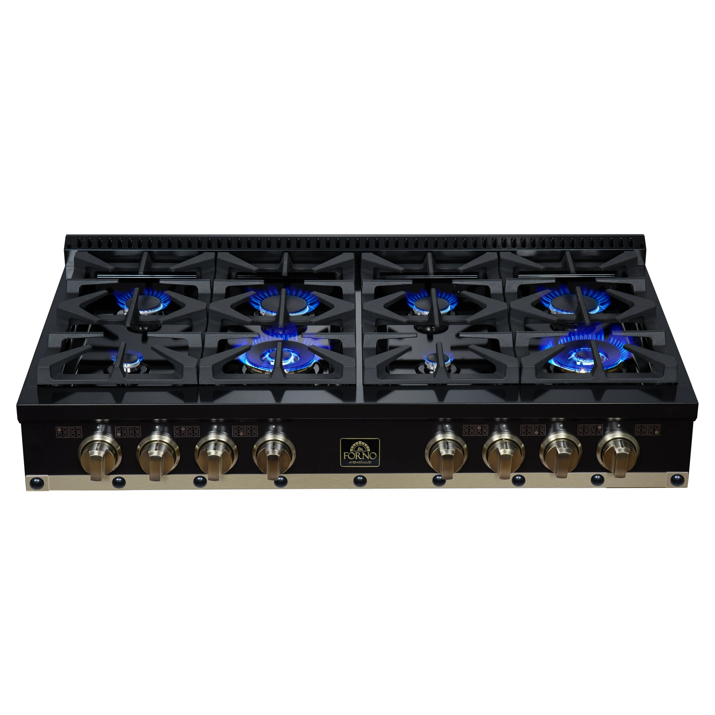Valente 48" Gas Cooktop in , 8 Sealed burners, 94,000 BUT Output, 2 Antique Brass Dual-Ring Burners, Continuous Cast Iron Grates FCTGS579948CPBLK