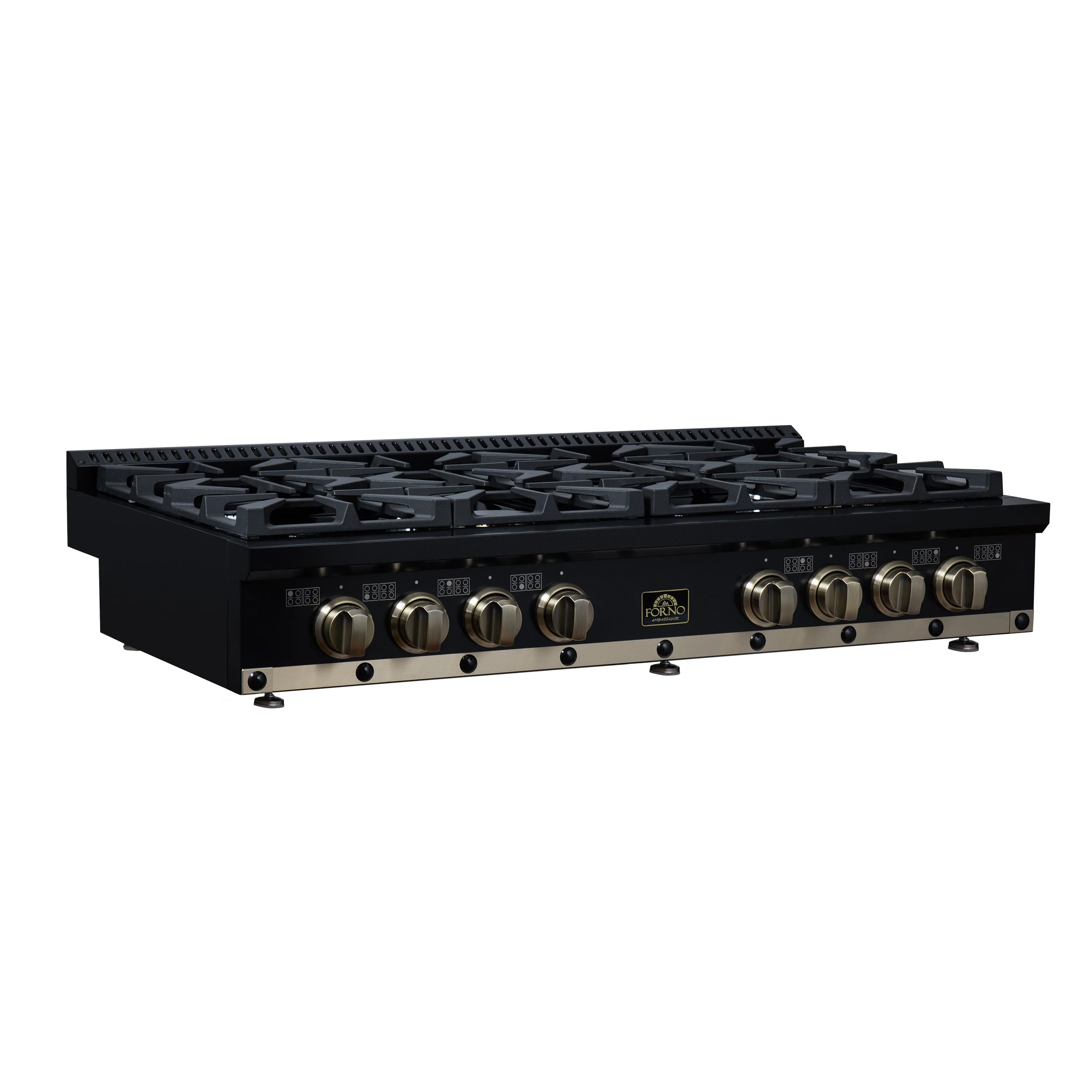 Valente 48" Gas Cooktop in , 8 Sealed burners, 94,000 BUT Output, 2 Antique Brass Dual-Ring Burners, Continuous Cast Iron Grates FCTGS579948CPBLK