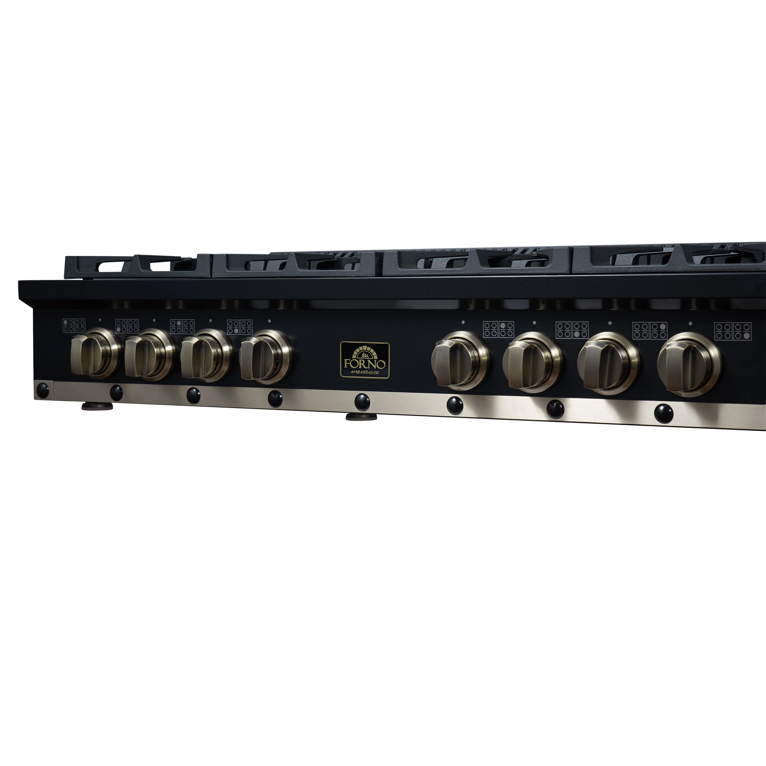 Valente 48" Gas Cooktop in , 8 Sealed burners, 94,000 BUT Output, 2 Antique Brass Dual-Ring Burners, Continuous Cast Iron Grates FCTGS579948CPBLK