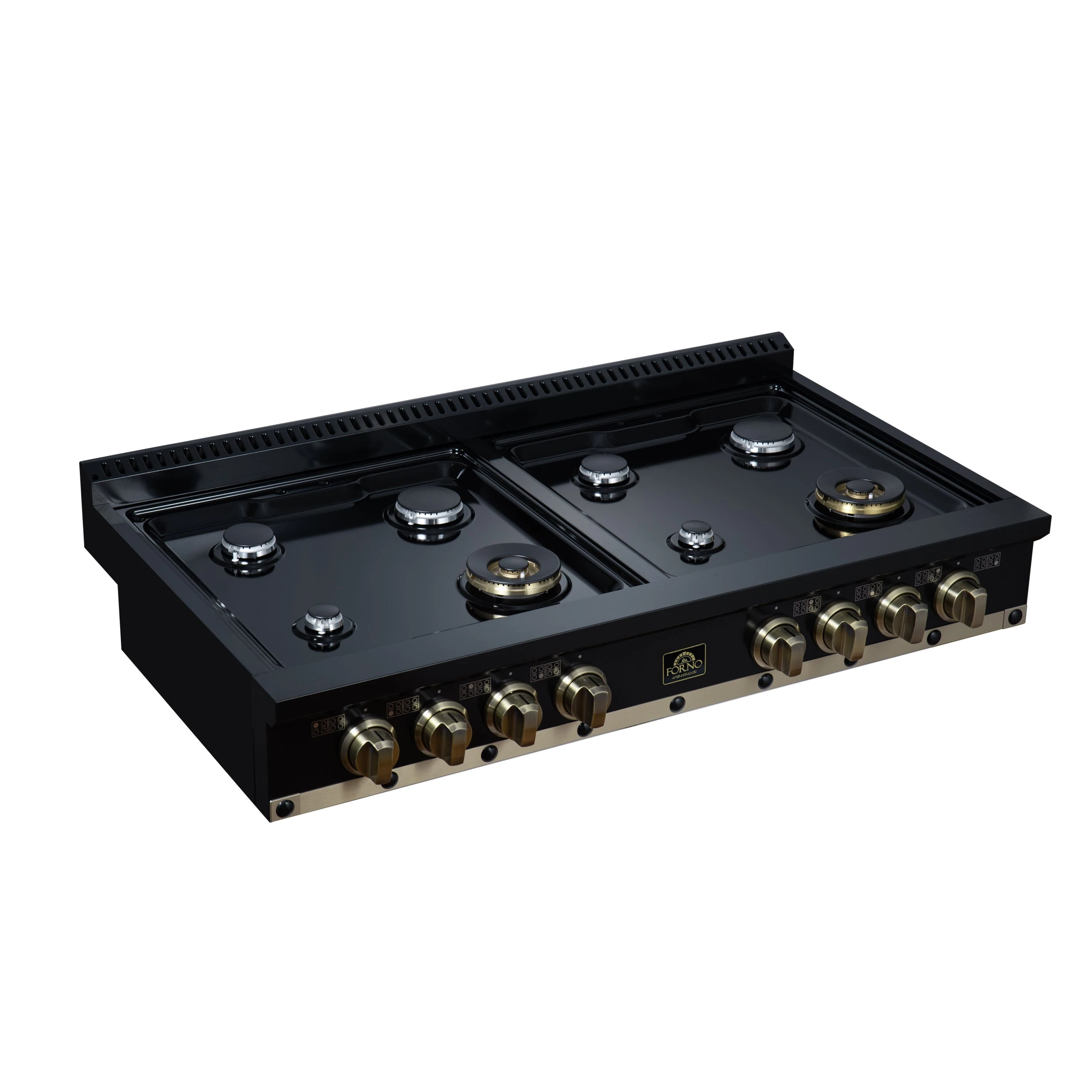Valente 48" Gas Cooktop in , 8 Sealed burners, 94,000 BUT Output, 2 Antique Brass Dual-Ring Burners, Continuous Cast Iron Grates FCTGS579948CPBLK