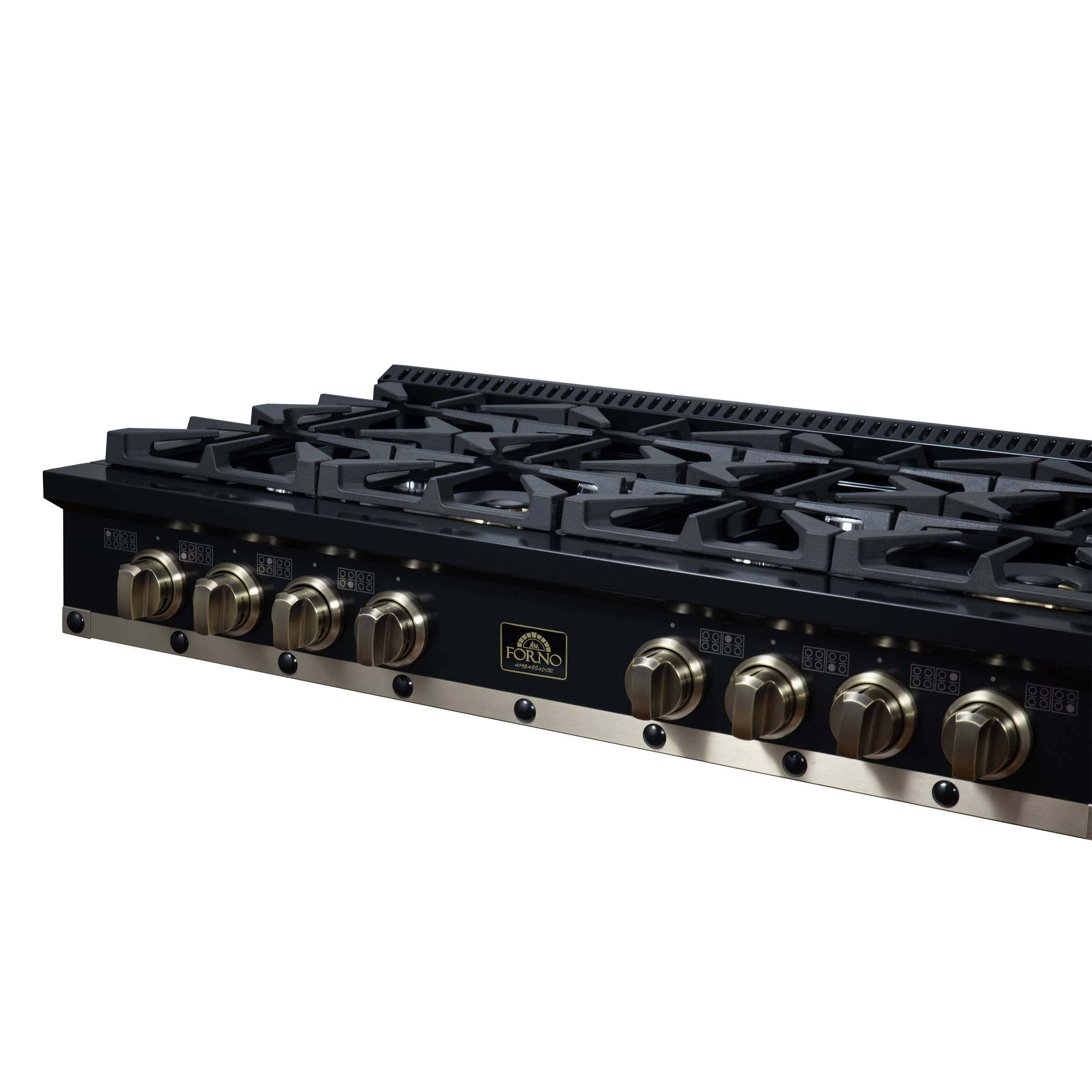 Valente 48" Gas Cooktop in , 8 Sealed burners, 94,000 BUT Output, 2 Antique Brass Dual-Ring Burners, Continuous Cast Iron Grates FCTGS579948CPBLK