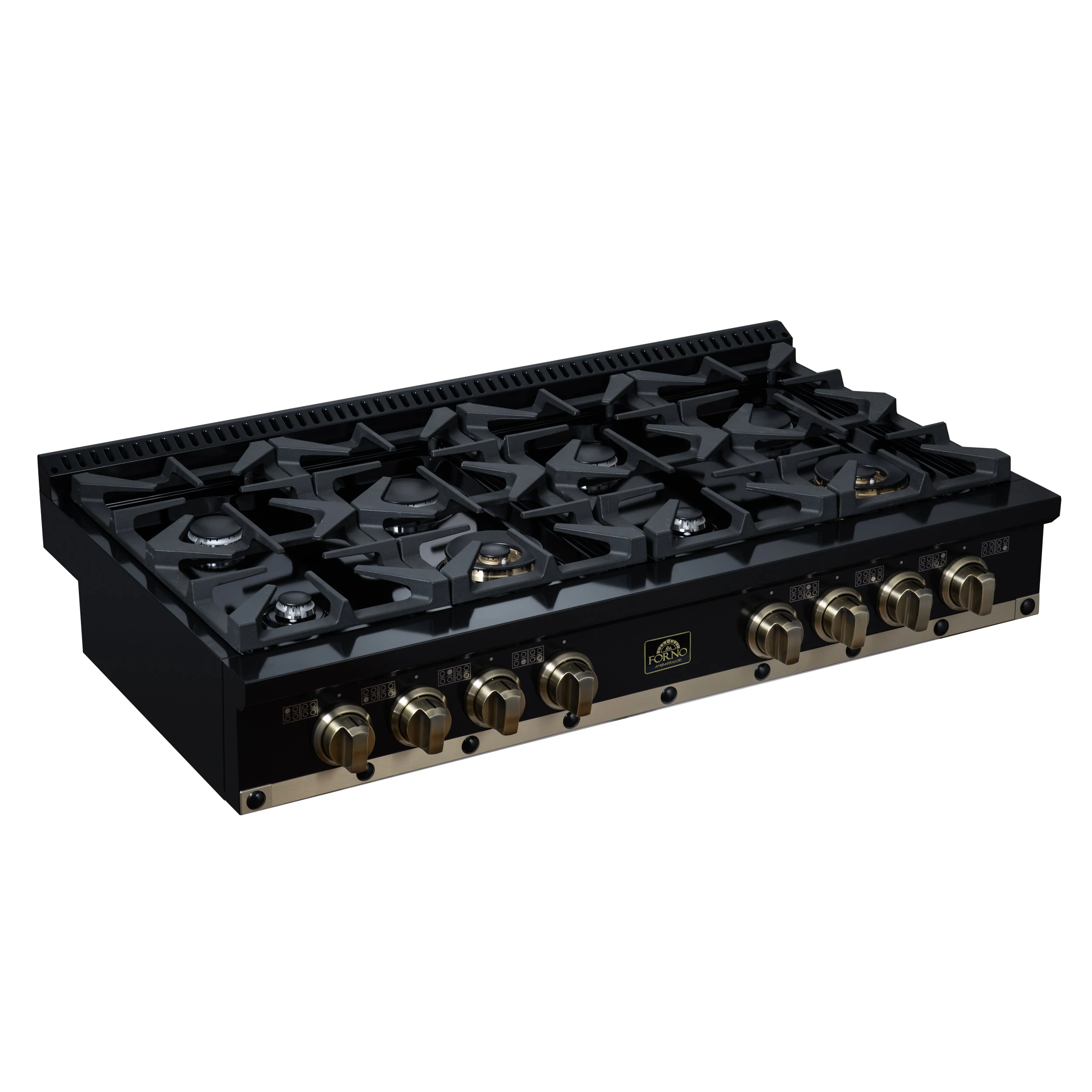 Valente 48" Gas Cooktop in , 8 Sealed burners, 94,000 BUT Output, 2 Antique Brass Dual-Ring Burners, Continuous Cast Iron Grates FCTGS579948CPBLK