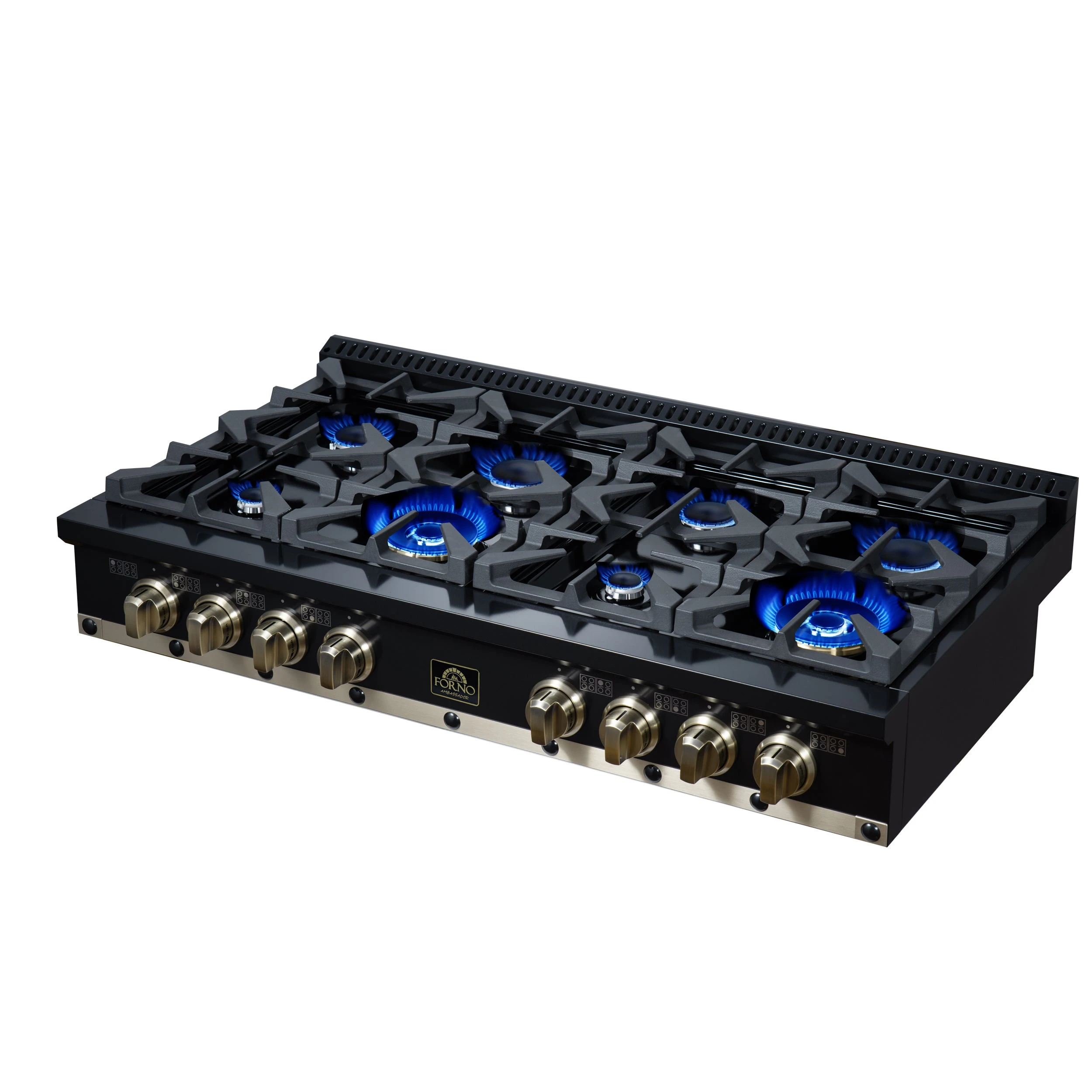 Valente 48" Gas Cooktop in , 8 Sealed burners, 94,000 BUT Output, 2 Antique Brass Dual-Ring Burners, Continuous Cast Iron Grates FCTGS579948CPBLK