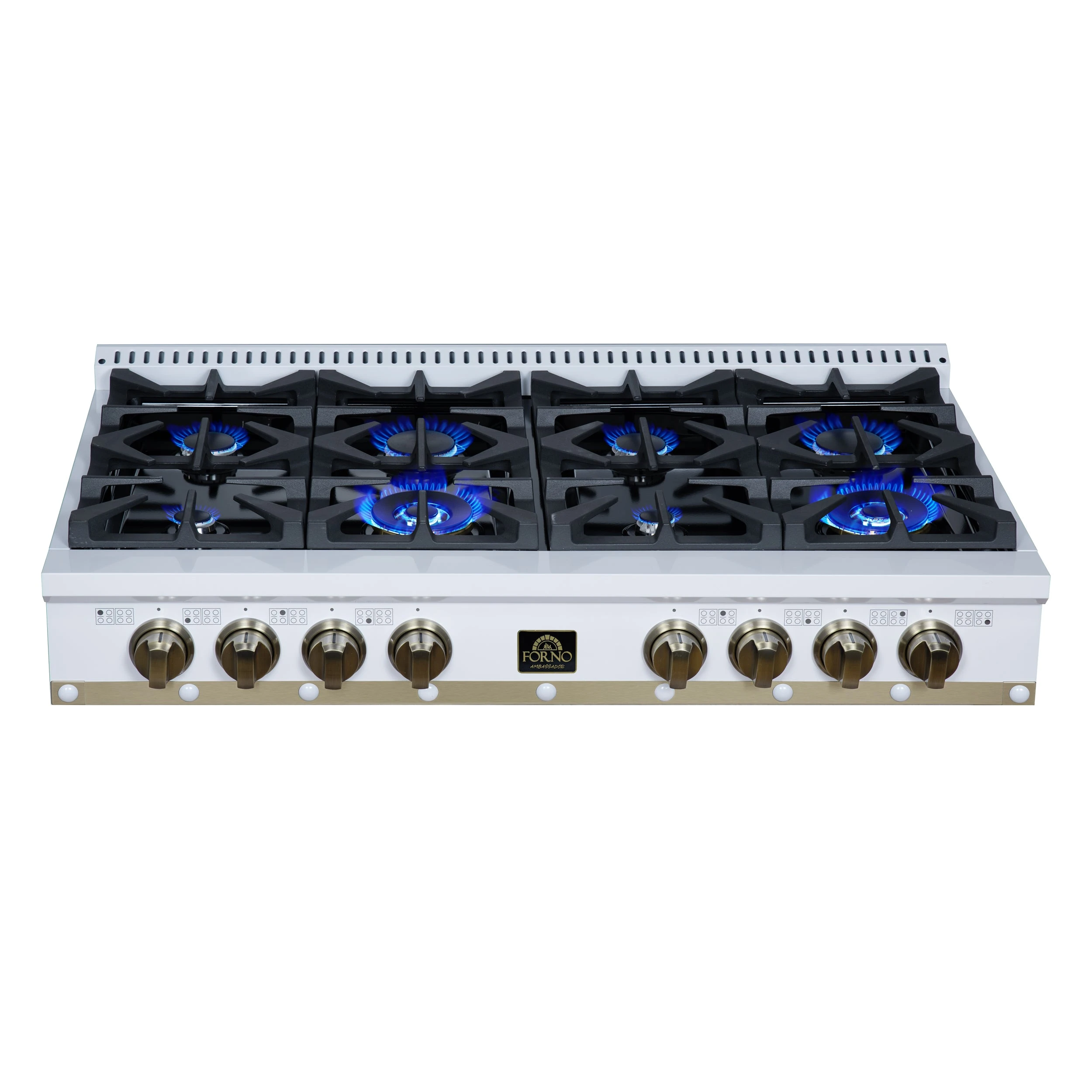 Valente 48" Gas Cooktop in , 8 Sealed burners, 94,000 BUT Output, 2 Antique Brass Dual-Ring Burners, Continuous Cast Iron Grates FCTGS579948CPWHT