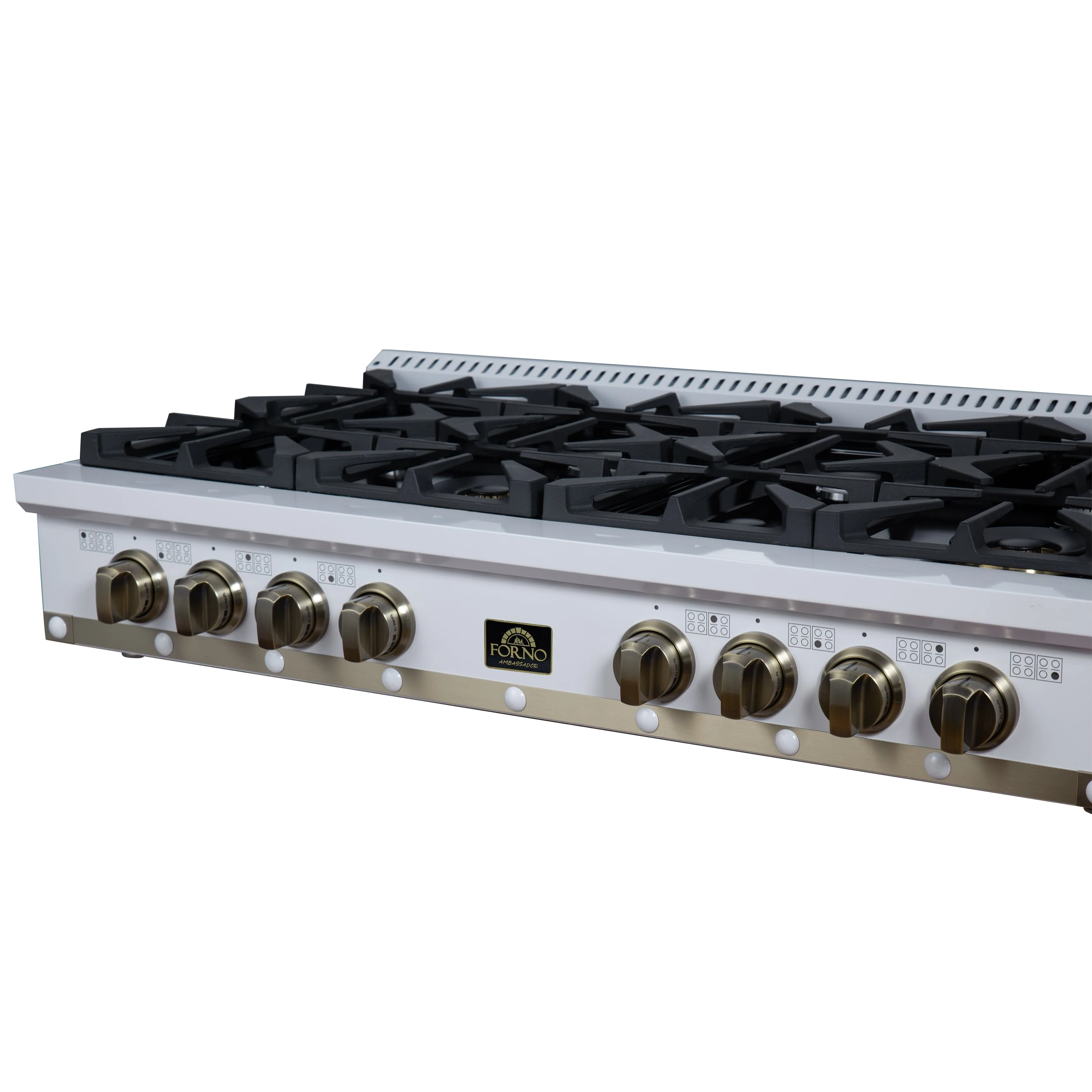 Valente 48" Gas Cooktop in , 8 Sealed burners, 94,000 BUT Output, 2 Antique Brass Dual-Ring Burners, Continuous Cast Iron Grates FCTGS579948CPWHT