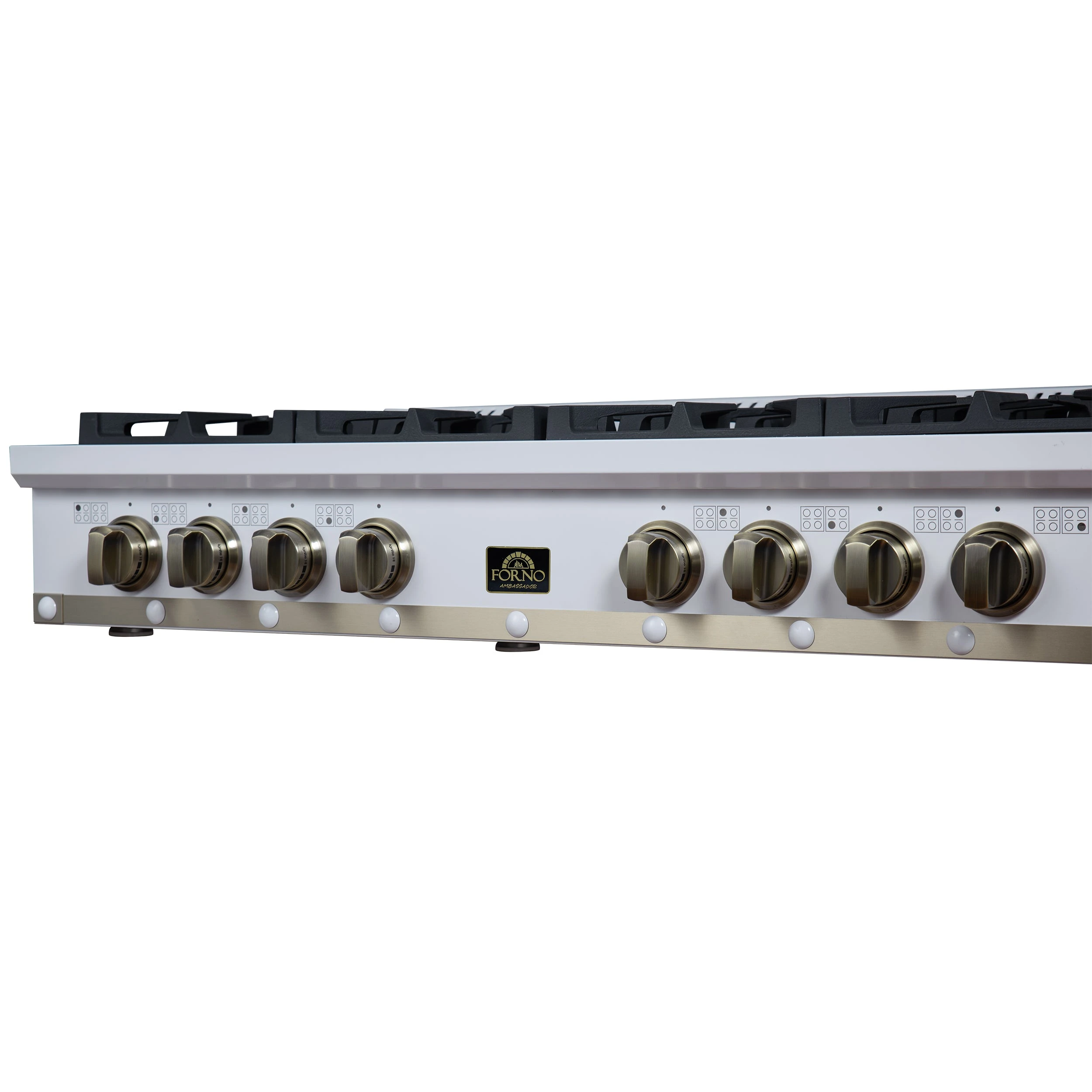 Valente 48" Gas Cooktop in , 8 Sealed burners, 94,000 BUT Output, 2 Antique Brass Dual-Ring Burners, Continuous Cast Iron Grates FCTGS579948CPWHT