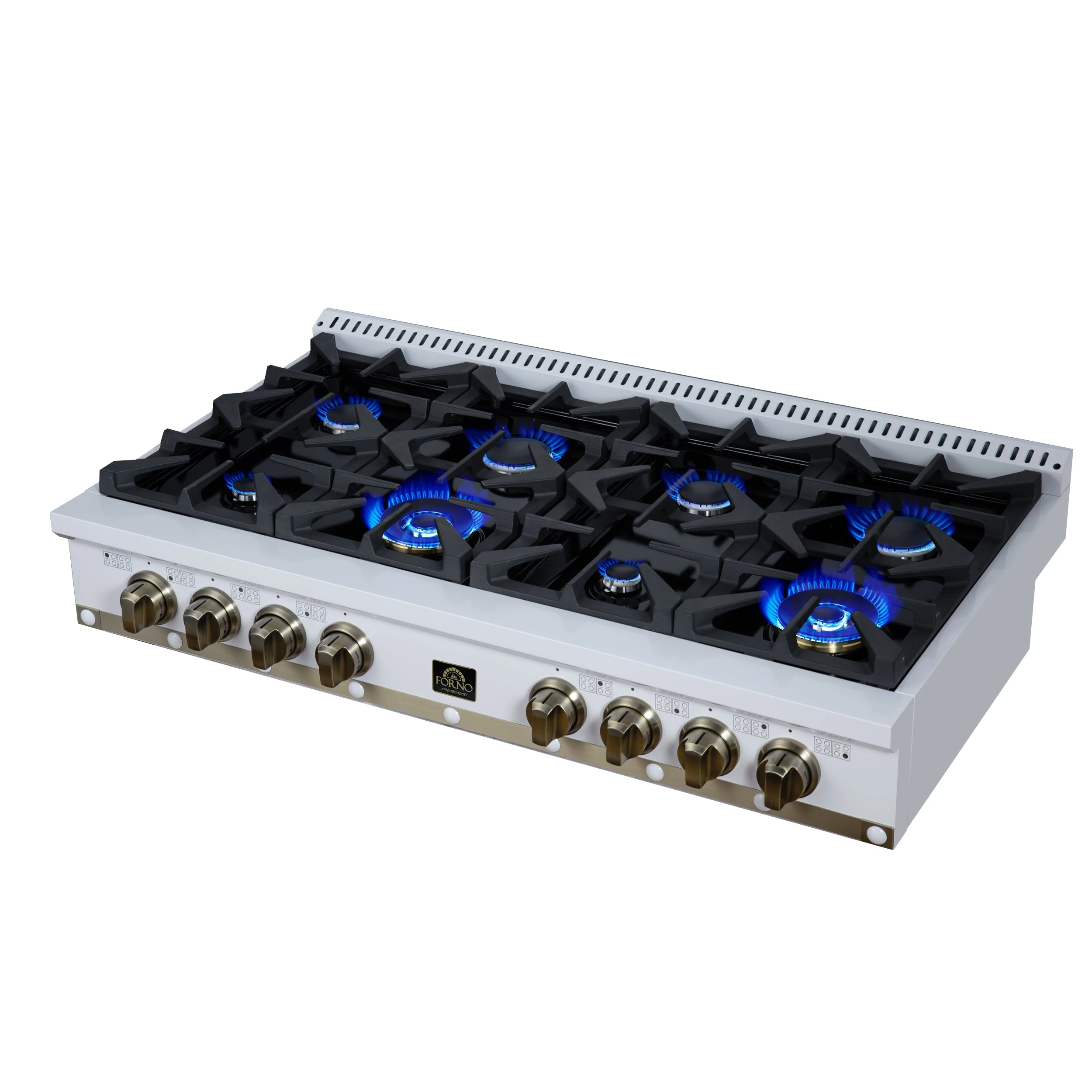 Valente 48" Gas Cooktop in , 8 Sealed burners, 94,000 BUT Output, 2 Antique Brass Dual-Ring Burners, Continuous Cast Iron Grates FCTGS579948CPWHT