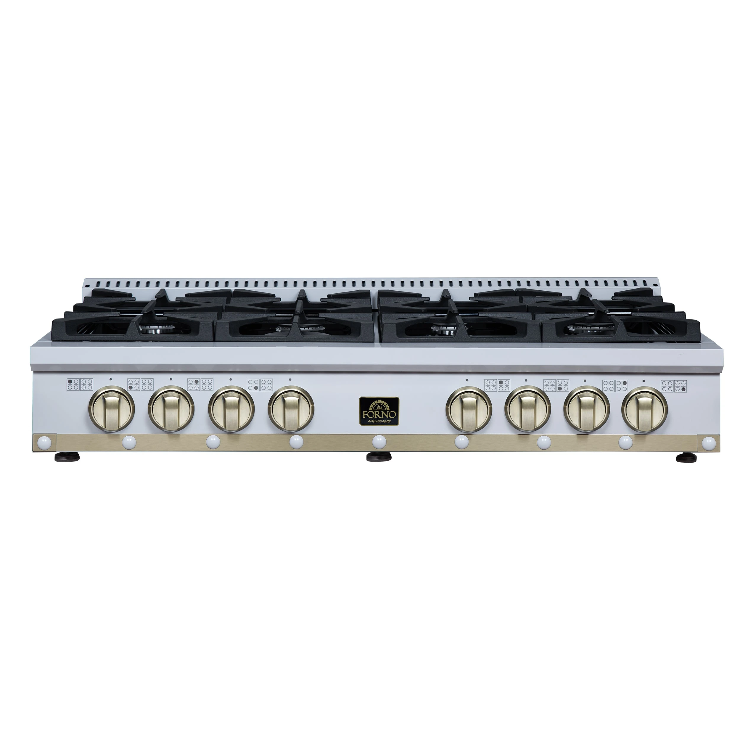 Valente 48" Gas Cooktop in , 8 Sealed burners, 94,000 BUT Output, 2 Antique Brass Dual-Ring Burners, Continuous Cast Iron Grates FCTGS579948CPWHT
