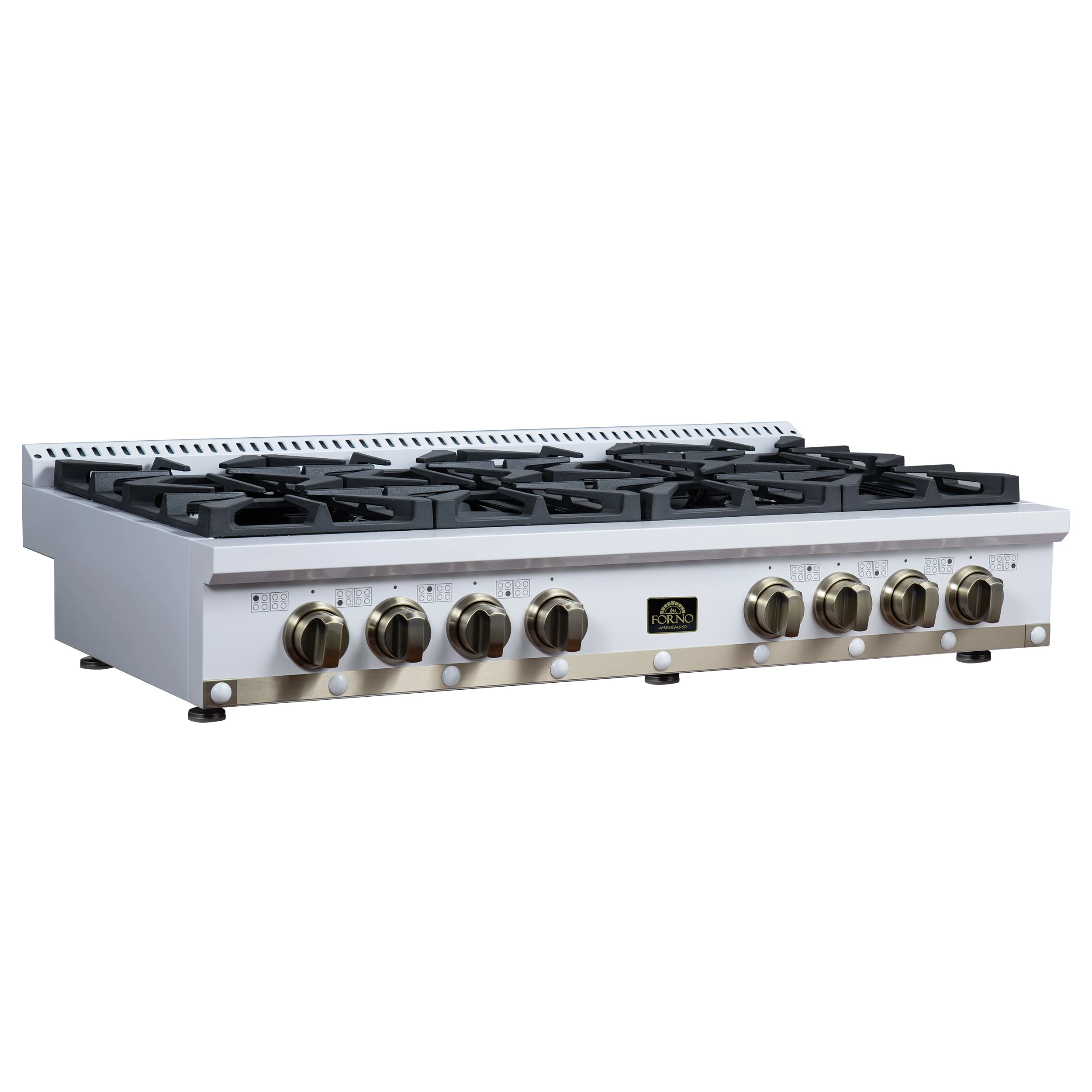 Valente 48" Gas Cooktop in , 8 Sealed burners, 94,000 BUT Output, 2 Antique Brass Dual-Ring Burners, Continuous Cast Iron Grates FCTGS579948CPWHT