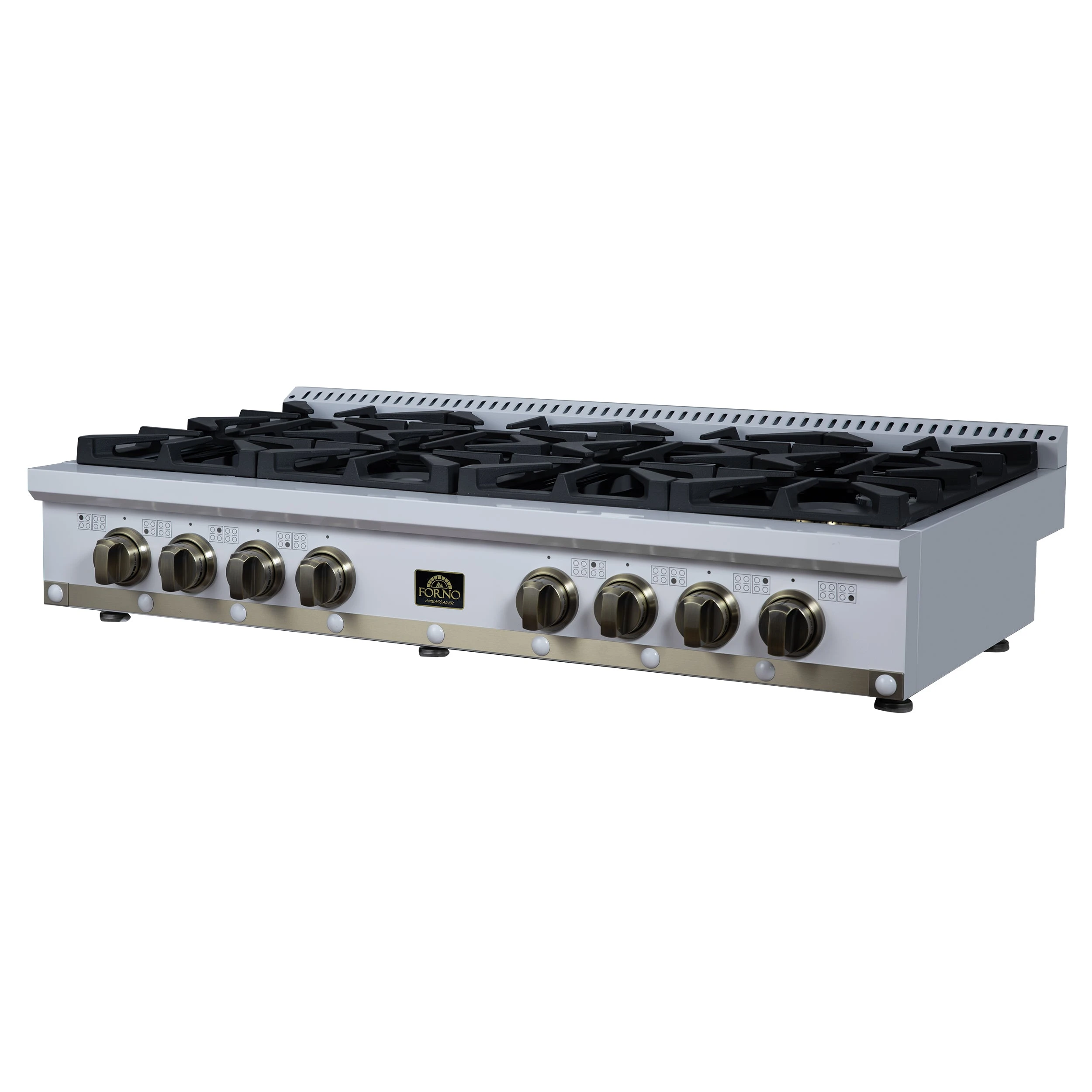 Valente 48" Gas Cooktop in , 8 Sealed burners, 94,000 BUT Output, 2 Antique Brass Dual-Ring Burners, Continuous Cast Iron Grates FCTGS579948CPWHT