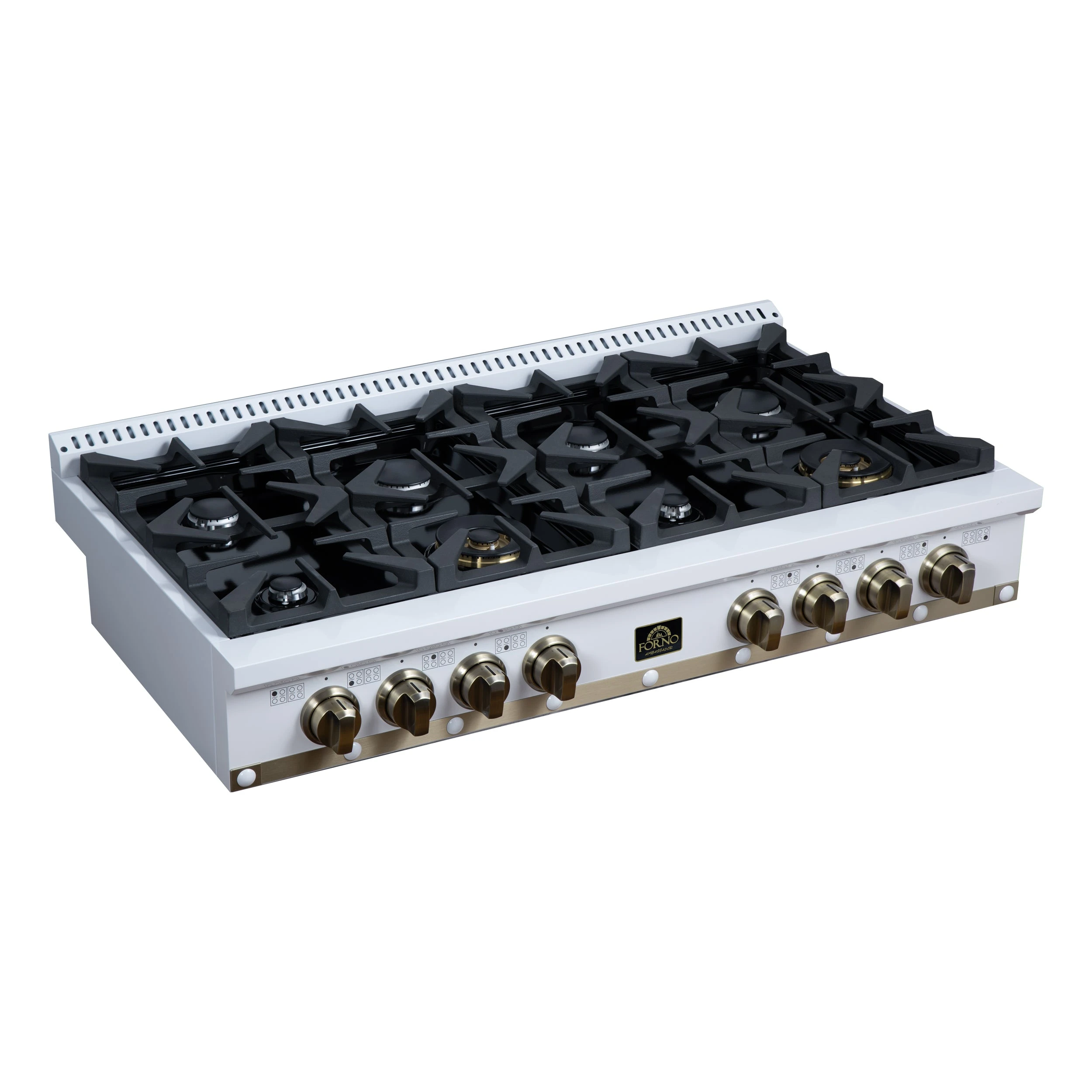 Valente 48" Gas Cooktop in , 8 Sealed burners, 94,000 BUT Output, 2 Antique Brass Dual-Ring Burners, Continuous Cast Iron Grates FCTGS579948CPWHT