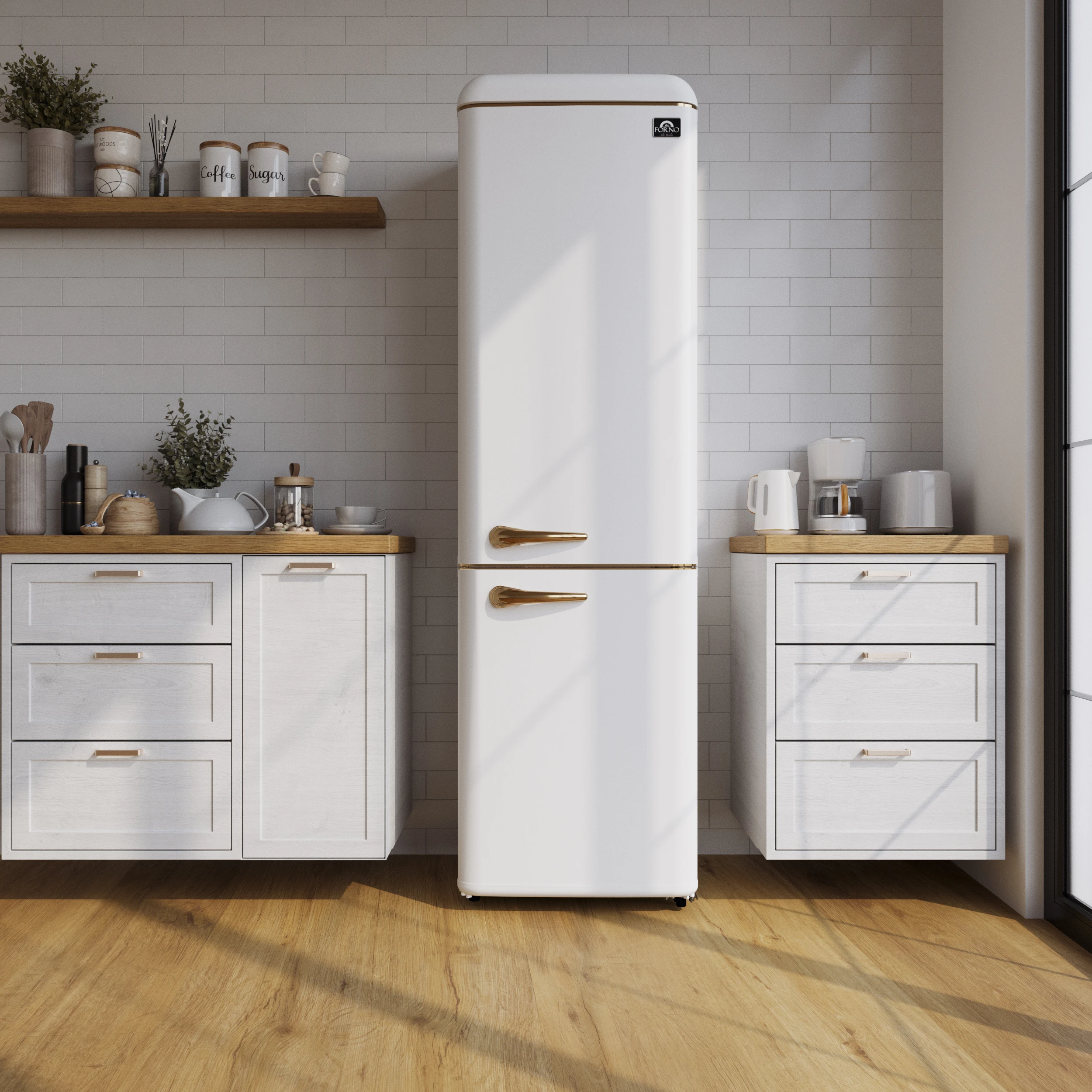 Storico 22-Inch Retro bottom freezer Fridge in , 9 cu.ft, copper-tone handle FFFFD174522WHT