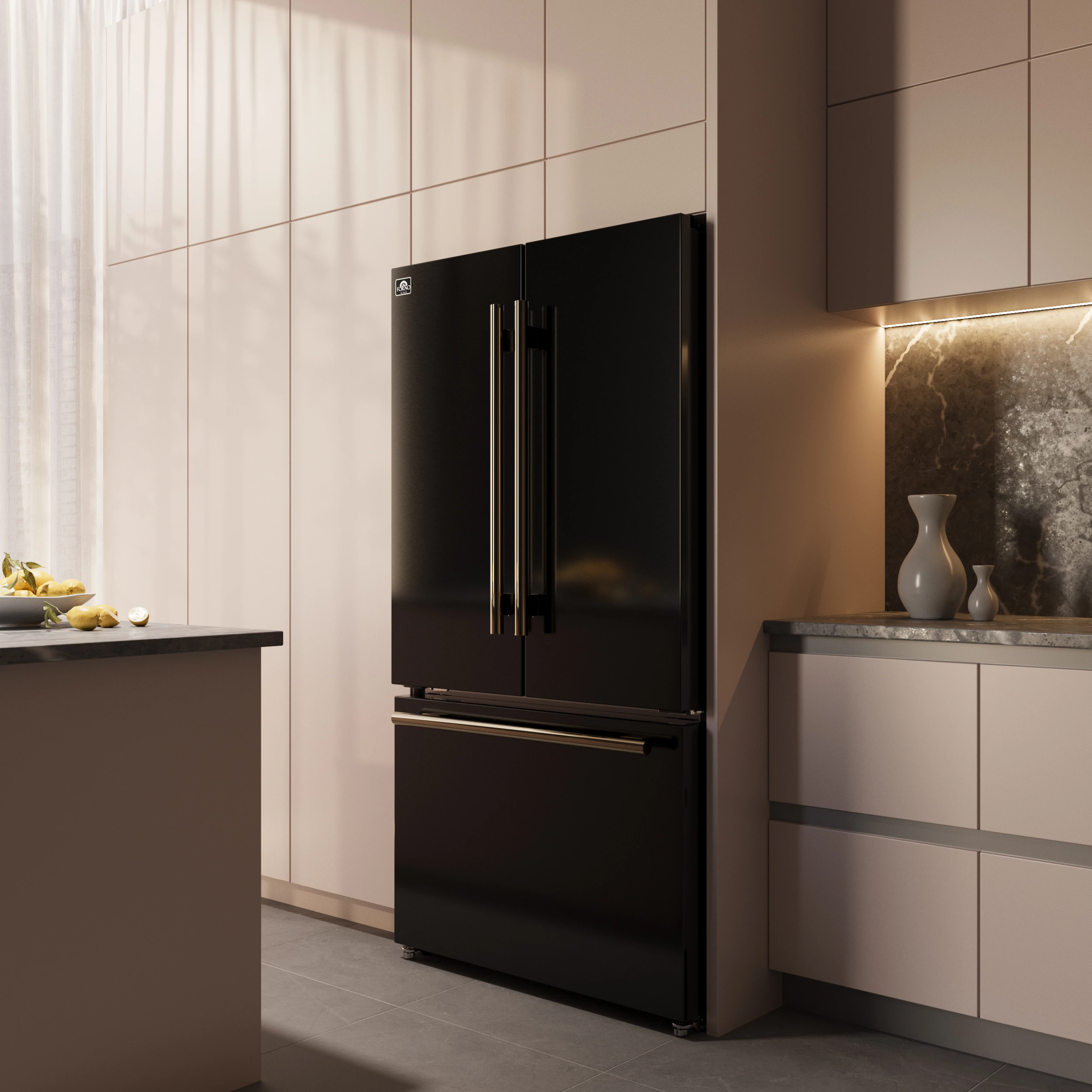 Rivello 36 Inch French Door Refrigerator in with Antique Brass, Internal Water Dispenser, Filtered Ice, Adjustable Shelves, Energy Star Certified FFFFD178336BLK