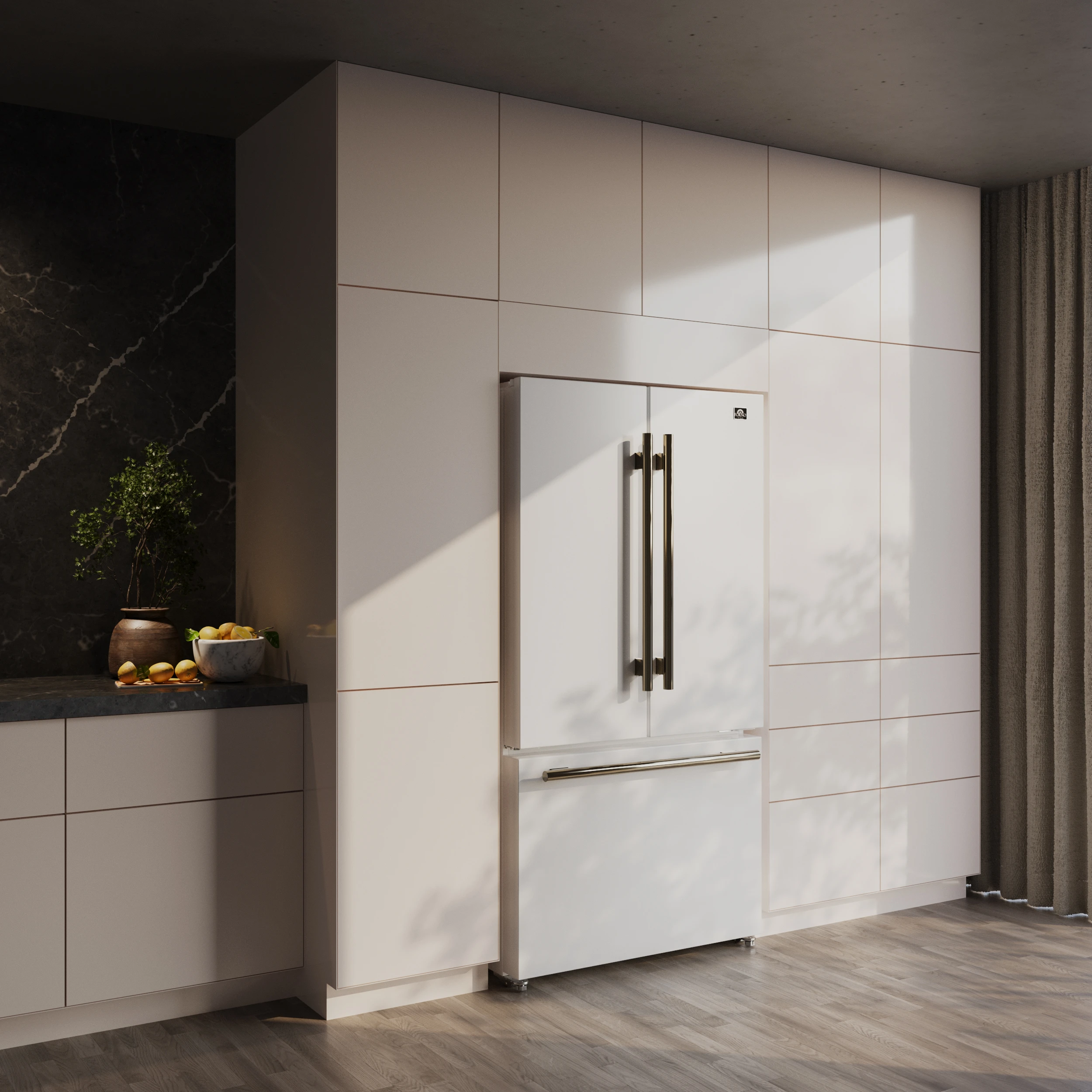 Rivello 36 Inch French Door Refrigerator in with Antique Brass, Internal Water Dispenser, Filtered Ice, Adjustable Shelves, Energy Star Certified FFFFD178336WHT