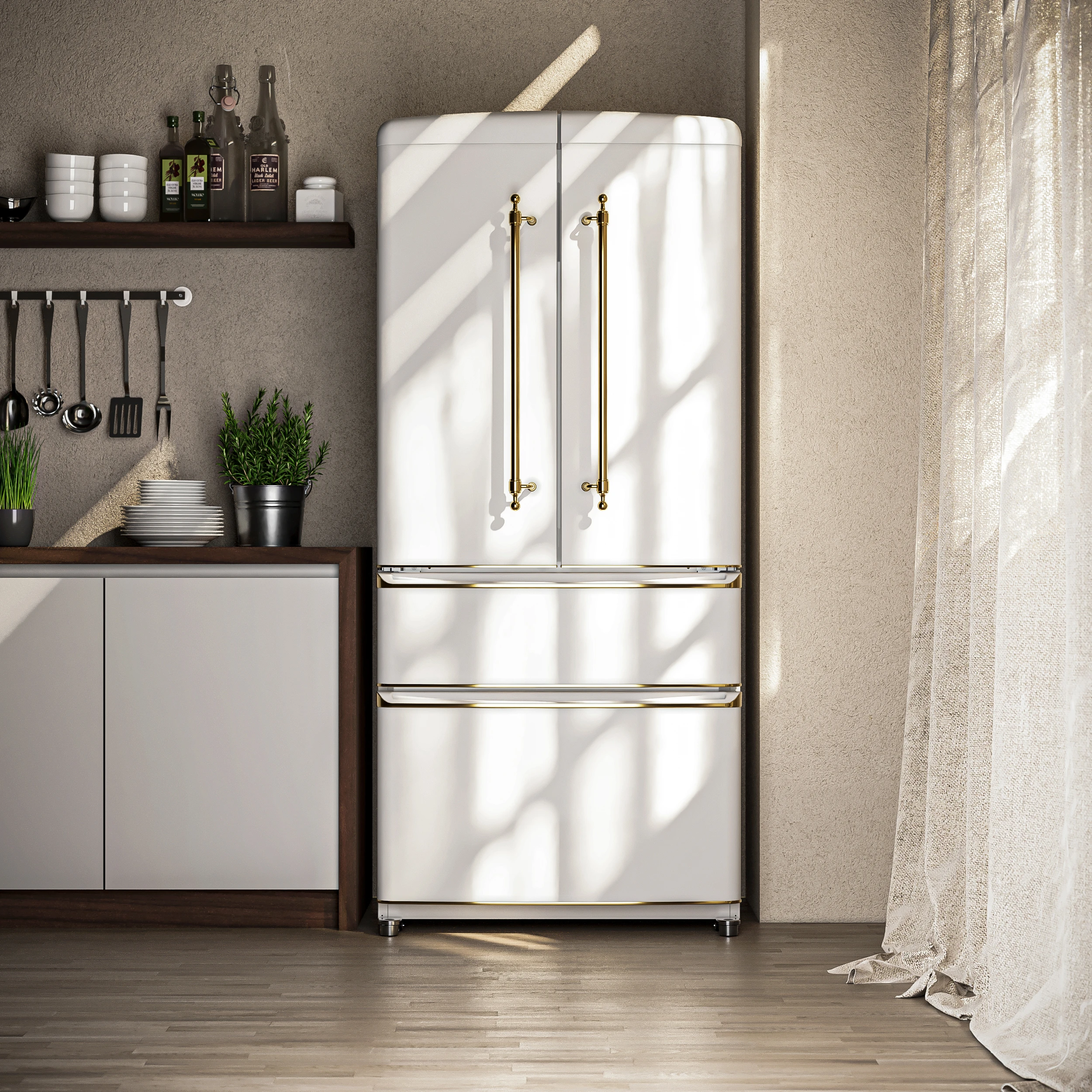 Luigi 33-Inch French Door Refrigerator, 18 cu.ft, Finish, Antique Brass Handles, ENERGY STAR Certified FFFFD179133WHT