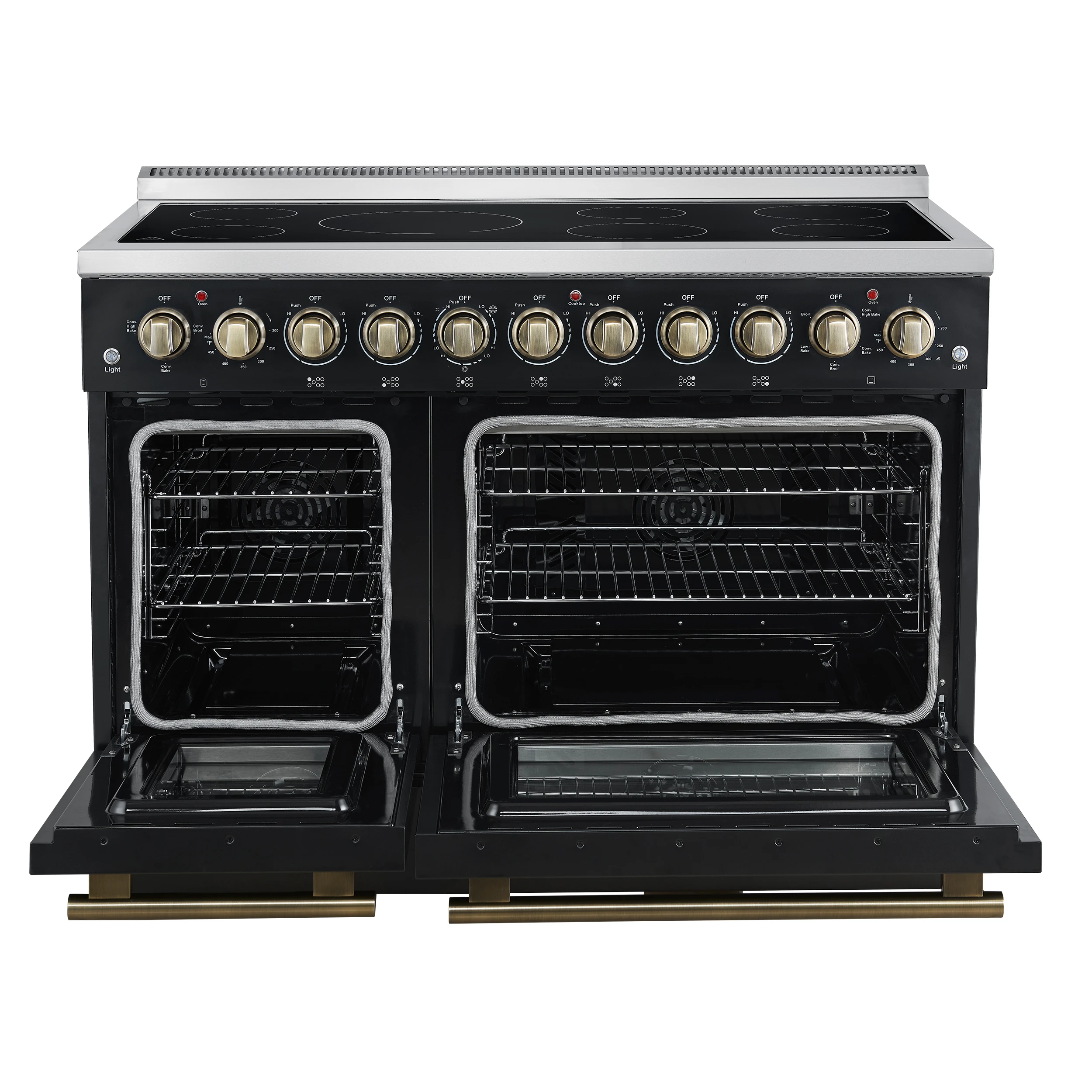 Paolo 48 Inch Freestanding Electric Range in Black with Antique Brass, 6.7 cu.ft, True Convection Oven, Energy Efficient FFSEL601148BLK