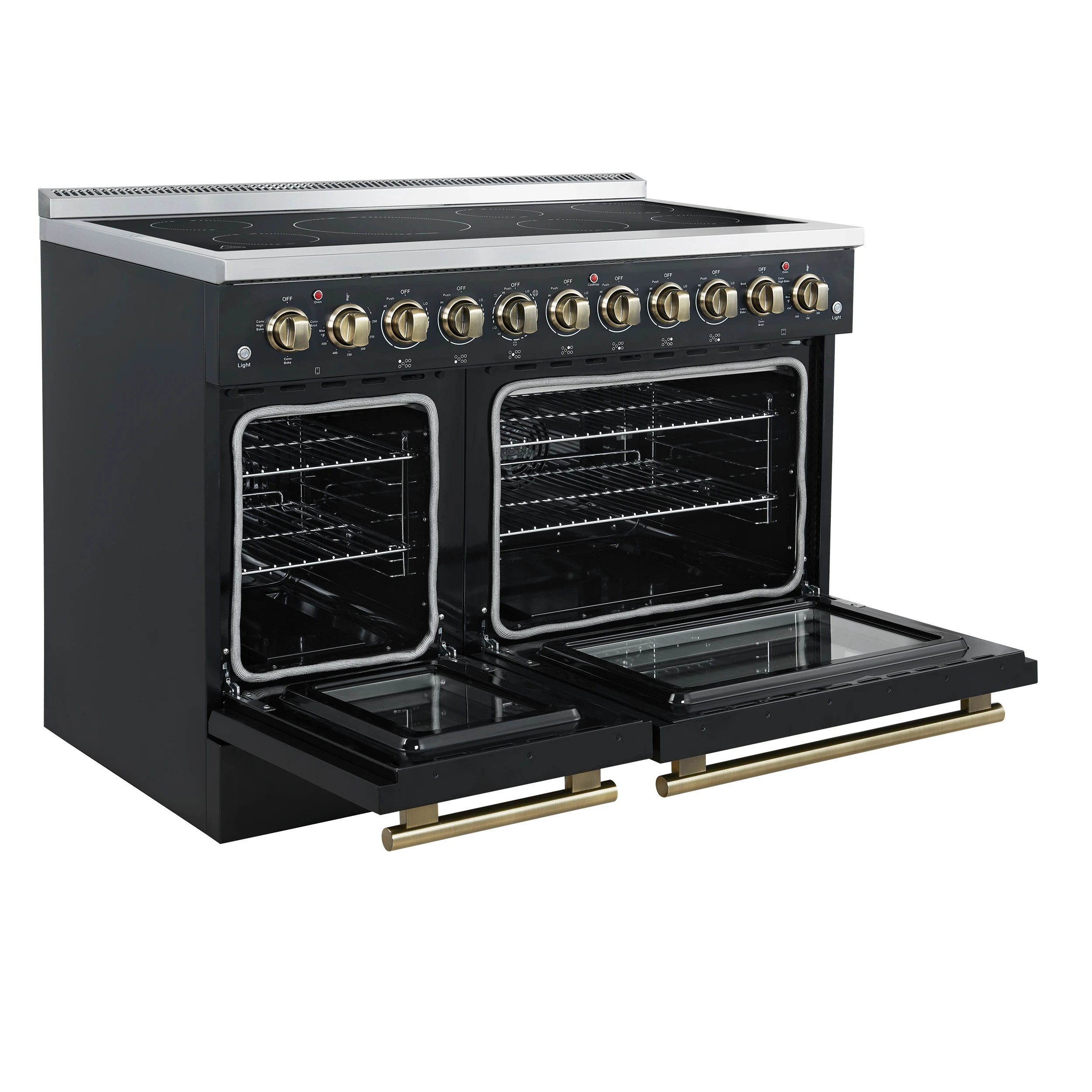 Paolo 48 Inch Freestanding Electric Range in Black with Antique Brass, 6.7 cu.ft, True Convection Oven, Energy Efficient FFSEL601148BLK