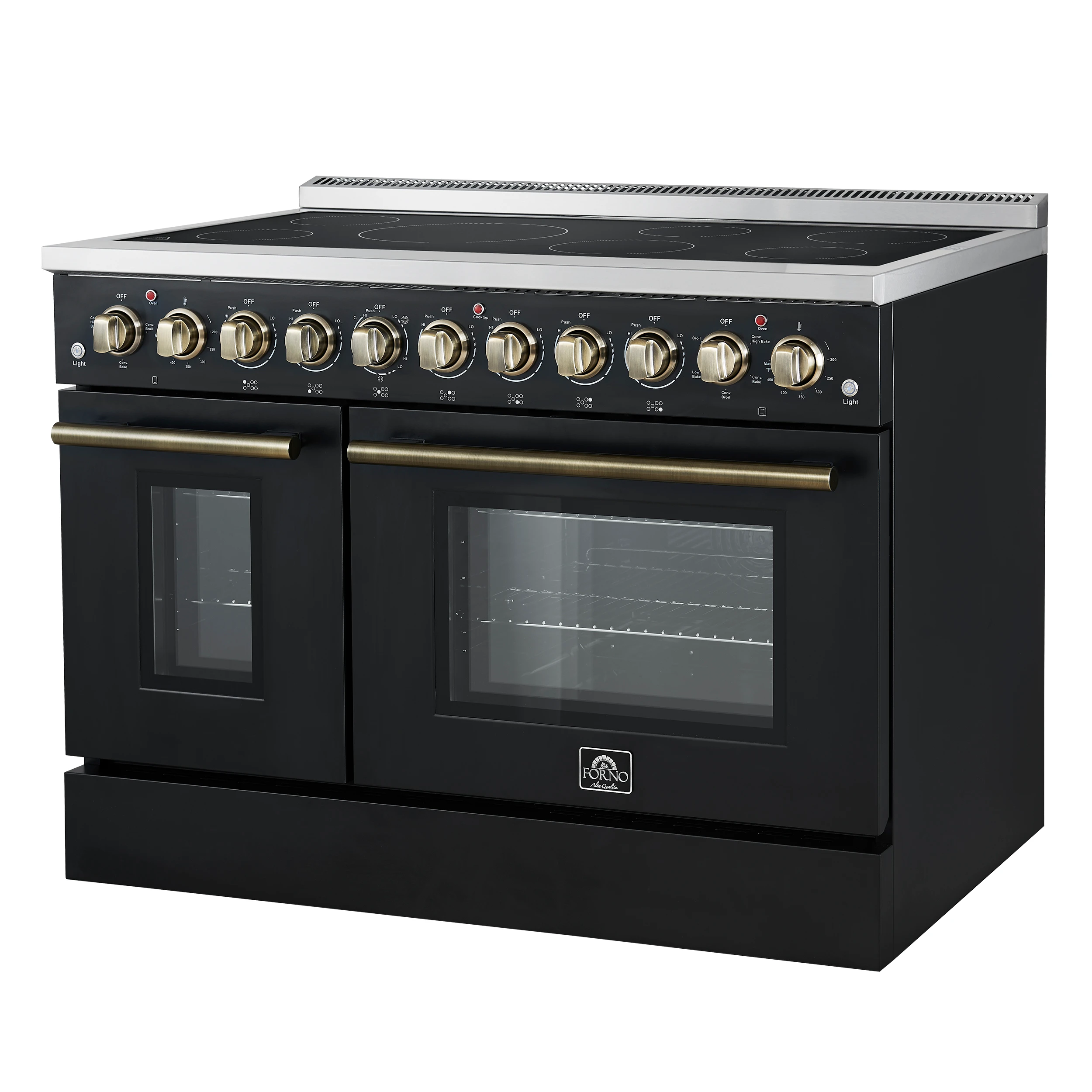 Paolo 48 Inch Freestanding Electric Range in Black with Antique Brass, 6.7 cu.ft, True Convection Oven, Energy Efficient FFSEL601148BLK