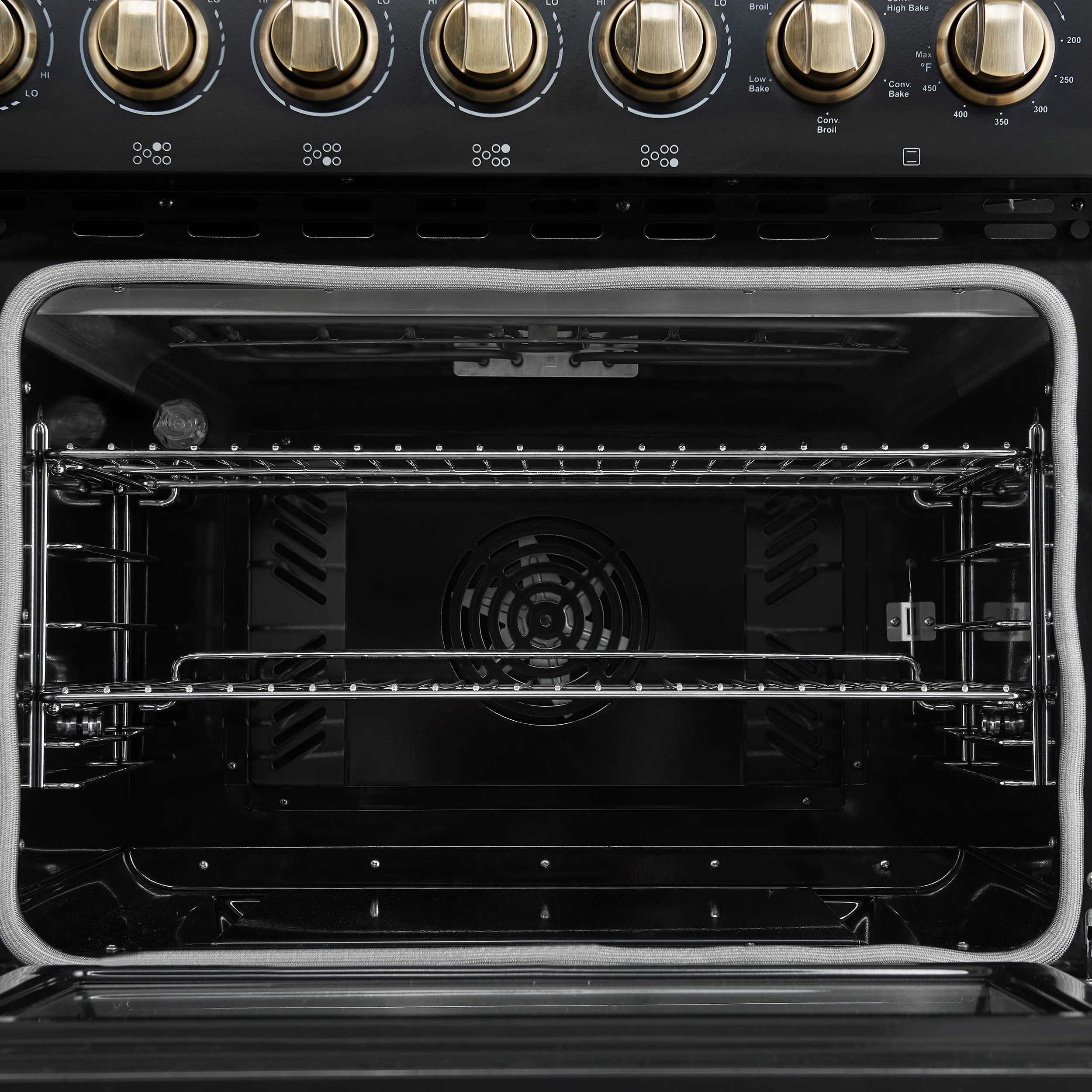 Paolo 48 Inch Freestanding Electric Range in Black with Antique Brass, 6.7 cu.ft, True Convection Oven, Energy Efficient FFSEL601148BLK