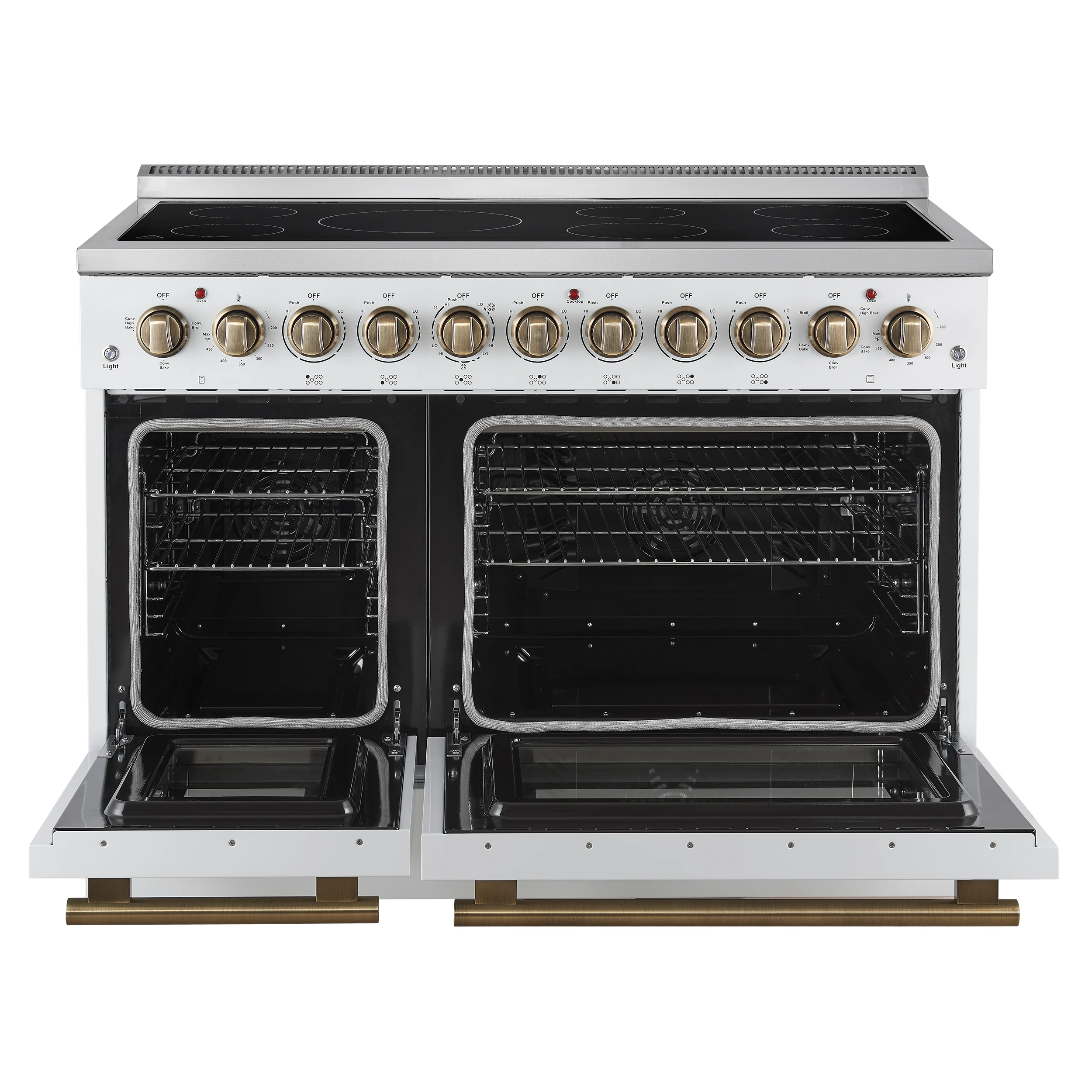 Paolo 48 Inch Freestanding Electric Range in White with Antique Brass, 6.7 cu.ft, True Convection Oven, Energy Efficient FFSEL601148WHT