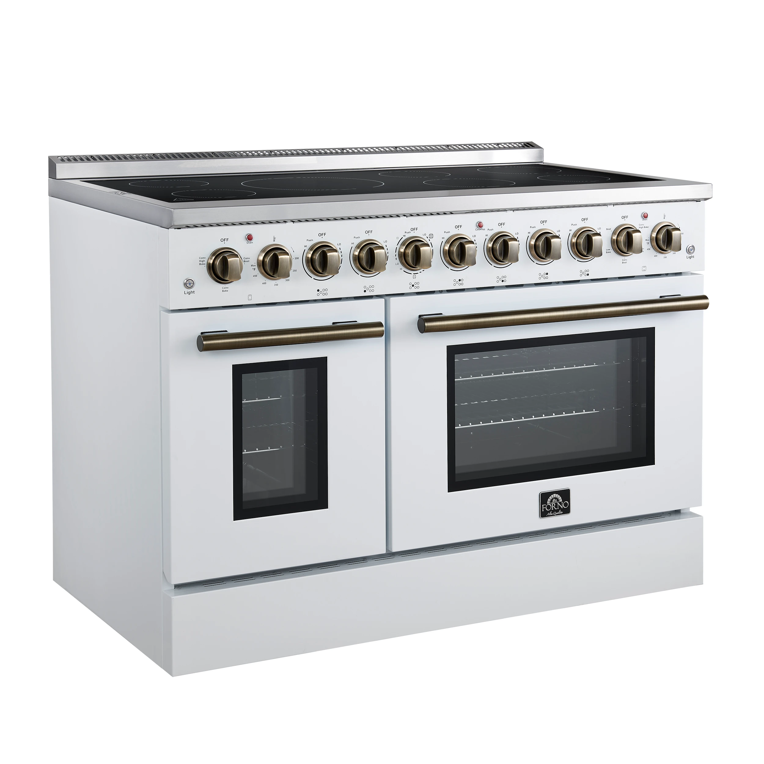 Paolo 48 Inch Freestanding Electric Range in White with Antique Brass, 6.7 cu.ft, True Convection Oven, Energy Efficient FFSEL601148WHT