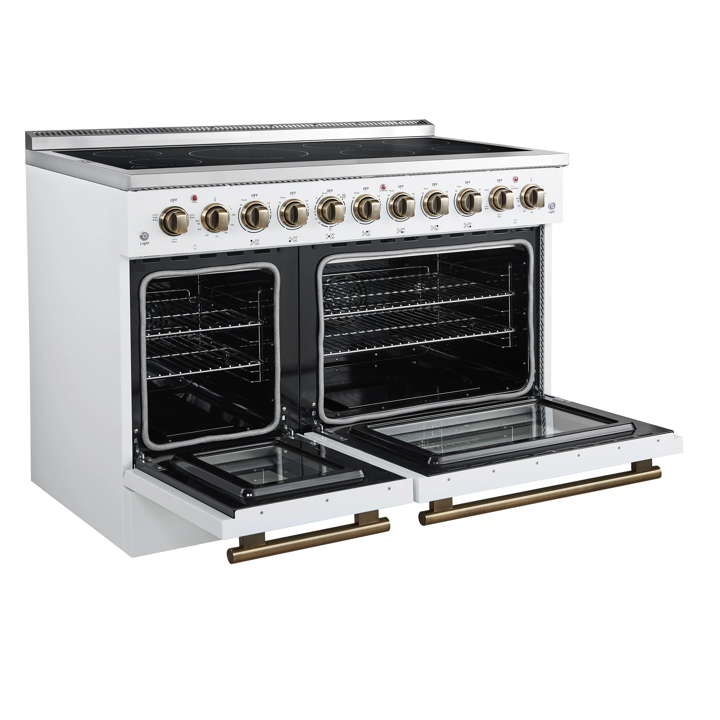 Paolo 48 Inch Freestanding Electric Range in White with Antique Brass, 6.7 cu.ft, True Convection Oven, Energy Efficient FFSEL601148WHT