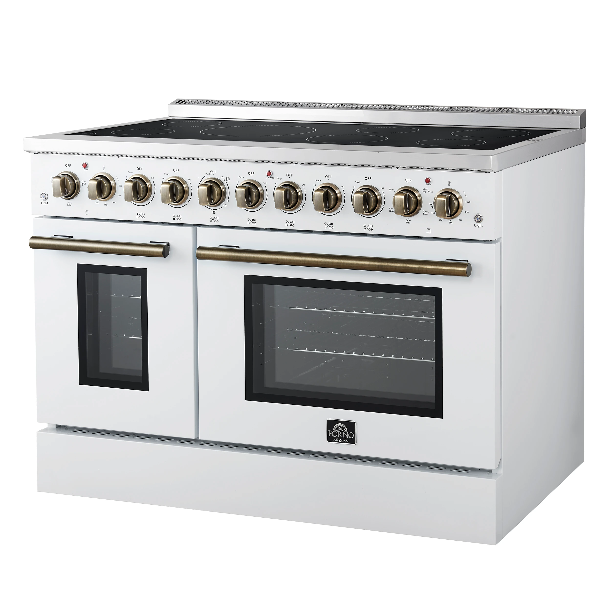 Paolo 48 Inch Freestanding Electric Range in White with Antique Brass, 6.7 cu.ft, True Convection Oven, Energy Efficient FFSEL601148WHT