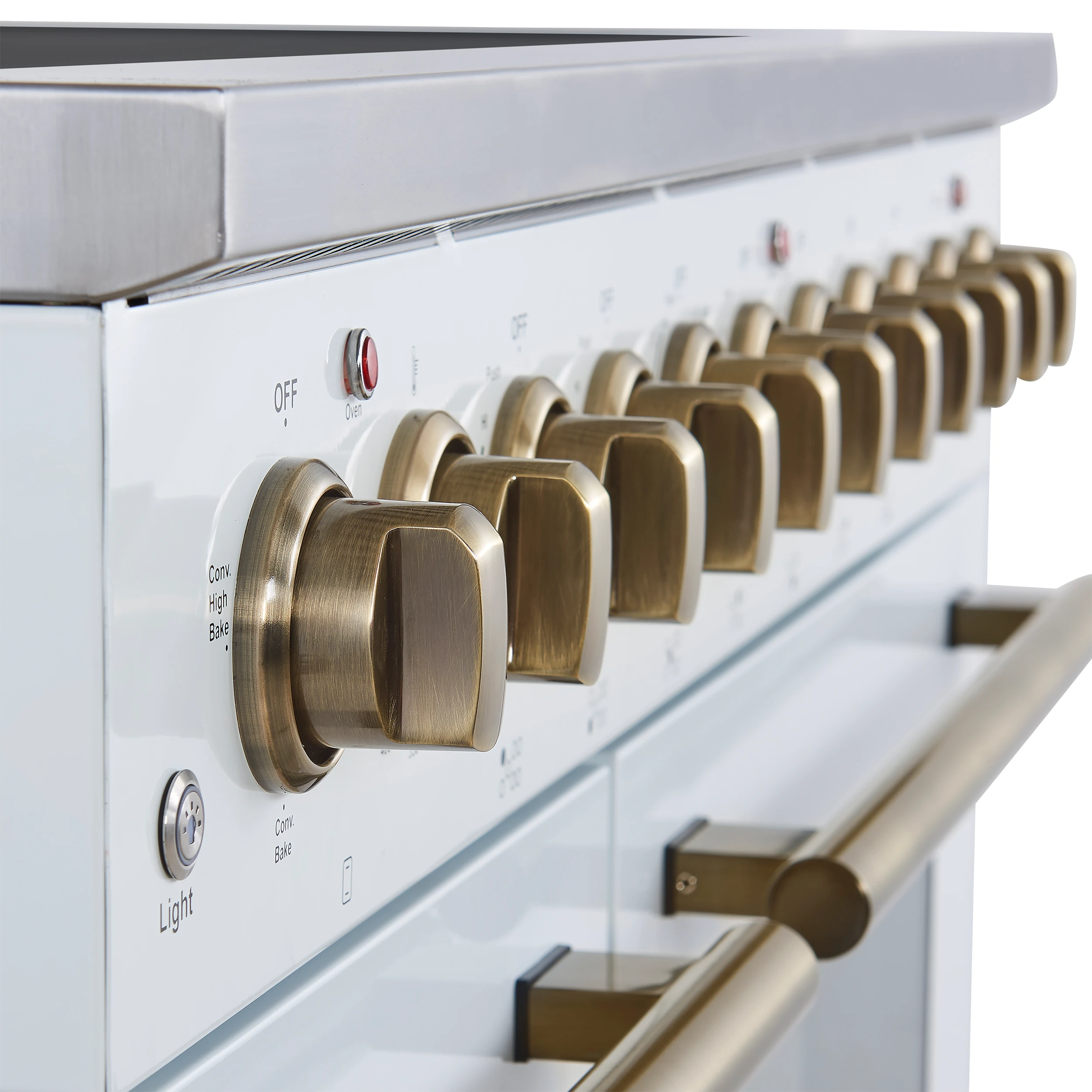 Paolo 48 Inch Freestanding Electric Range in White with Antique Brass, 6.7 cu.ft, True Convection Oven, Energy Efficient FFSEL601148WHT