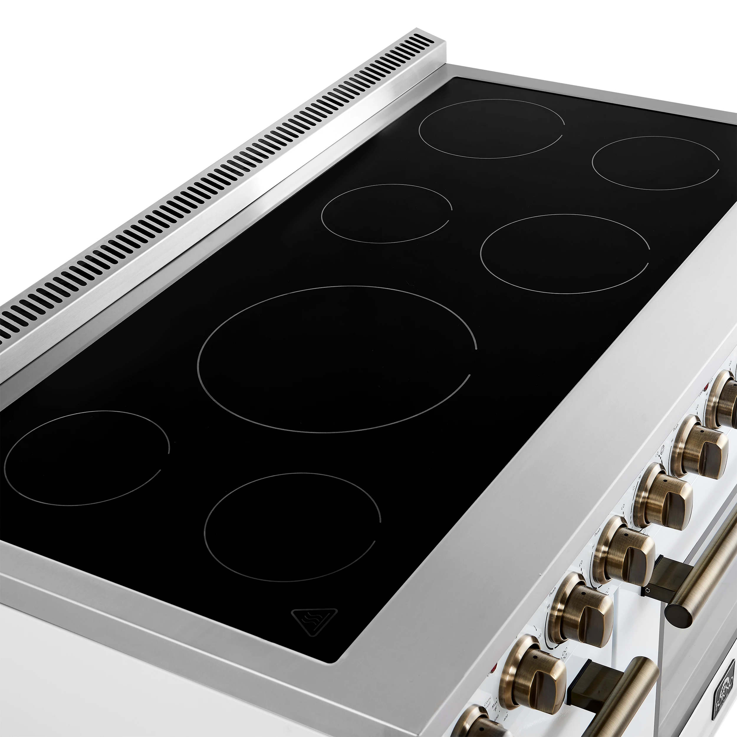 Paolo 48 Inch Freestanding Electric Range in White with Antique Brass, 6.7 cu.ft, True Convection Oven, Energy Efficient FFSEL601148WHT
