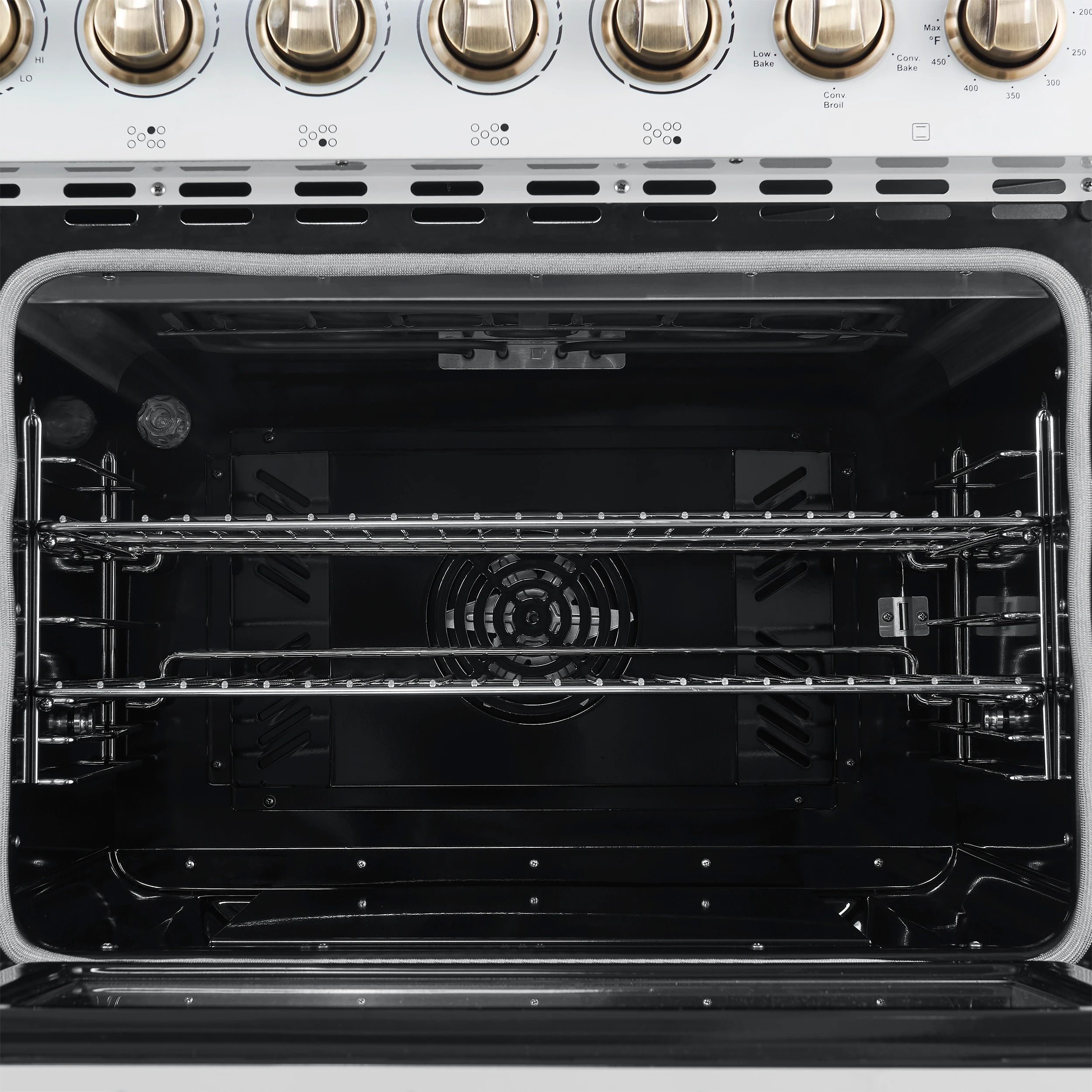 Paolo 48 Inch Freestanding Electric Range in White with Antique Brass, 6.7 cu.ft, True Convection Oven, Energy Efficient FFSEL601148WHT