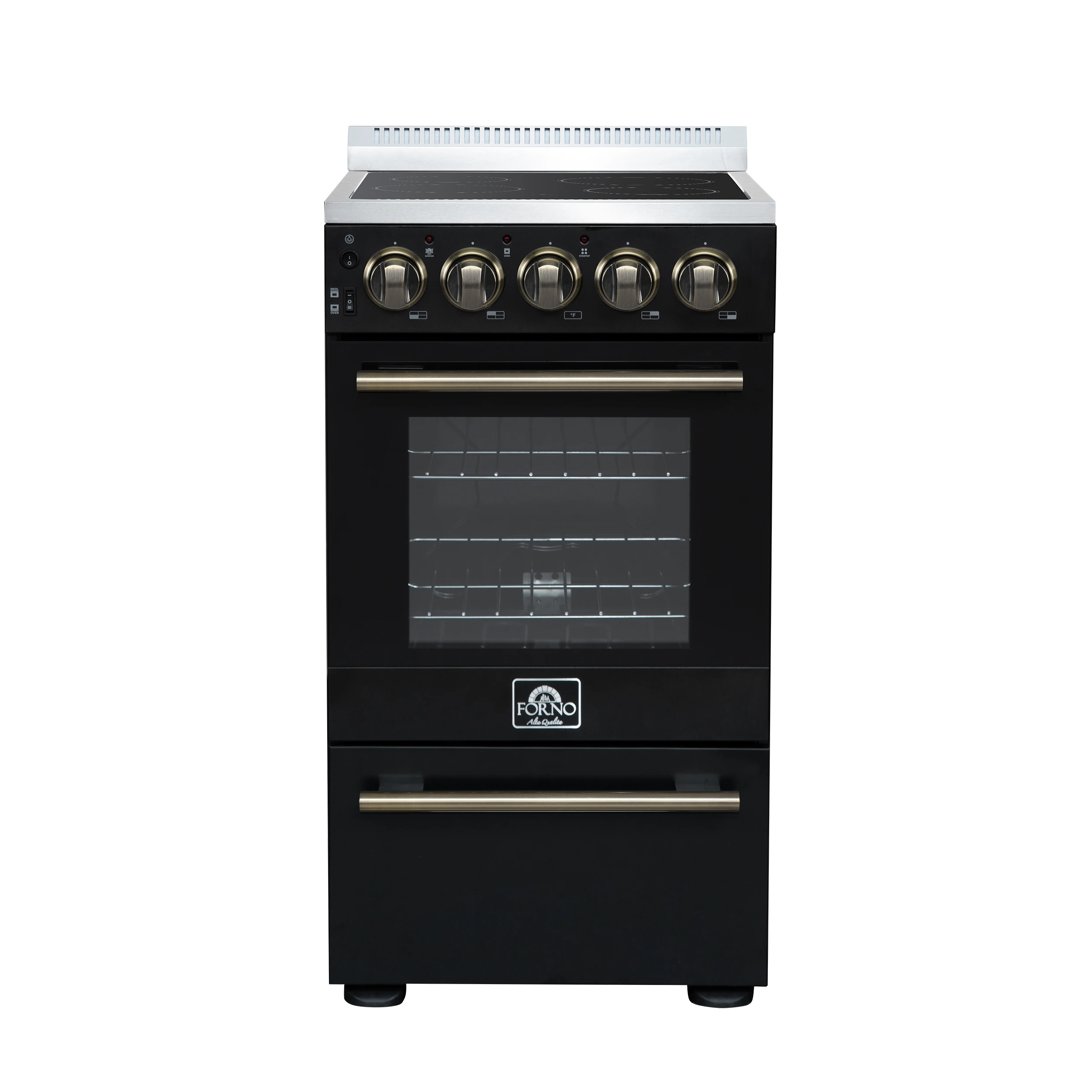 Pallerano 20 Inch Freestanding Electric Range in Black with Antique Brass, Compact Design FFSEL605220BLK