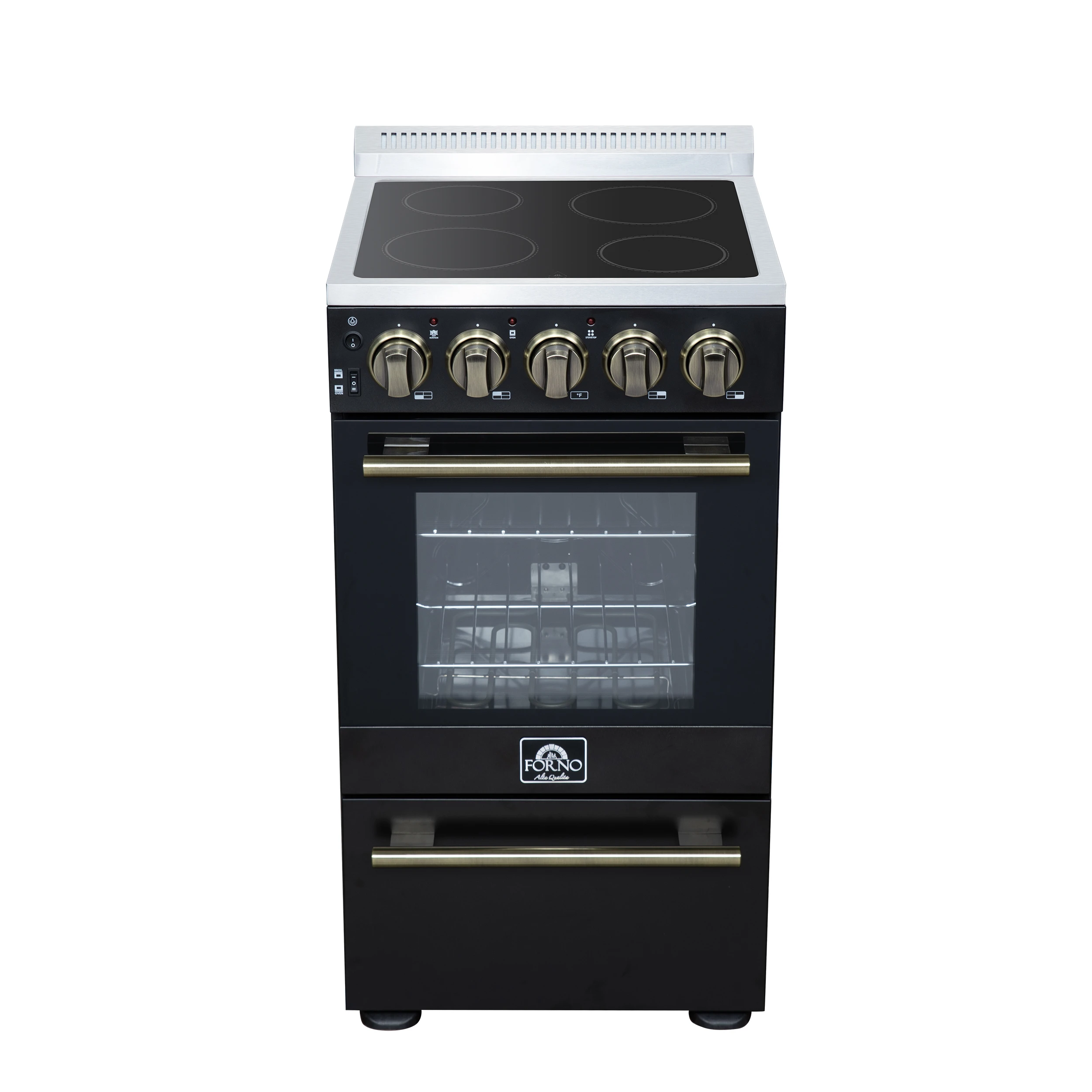 Pallerano 20 Inch Freestanding Electric Range in Black with Antique Brass, Compact Design FFSEL605220BLK