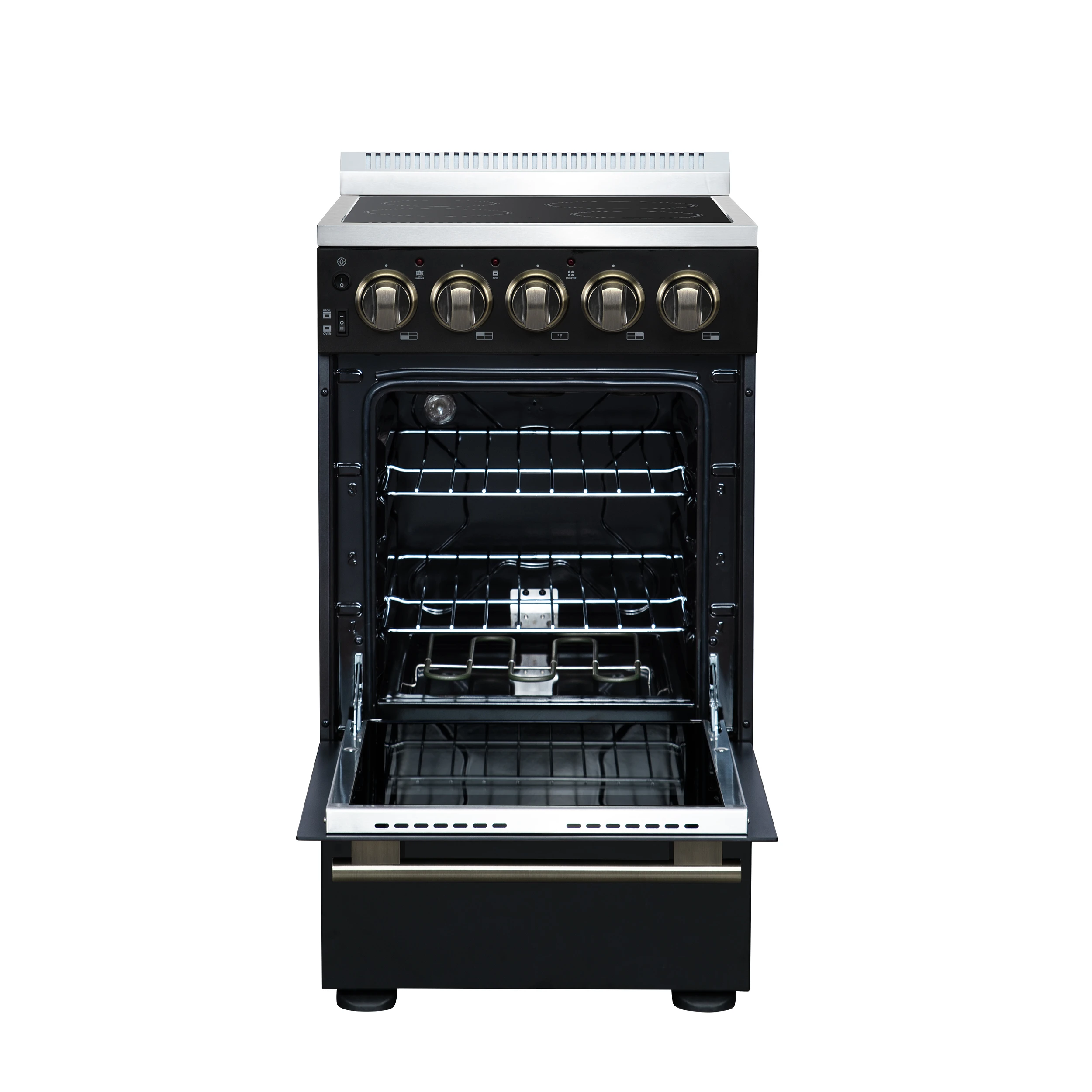 Pallerano 20 Inch Freestanding Electric Range in Black with Antique Brass, Compact Design FFSEL605220BLK