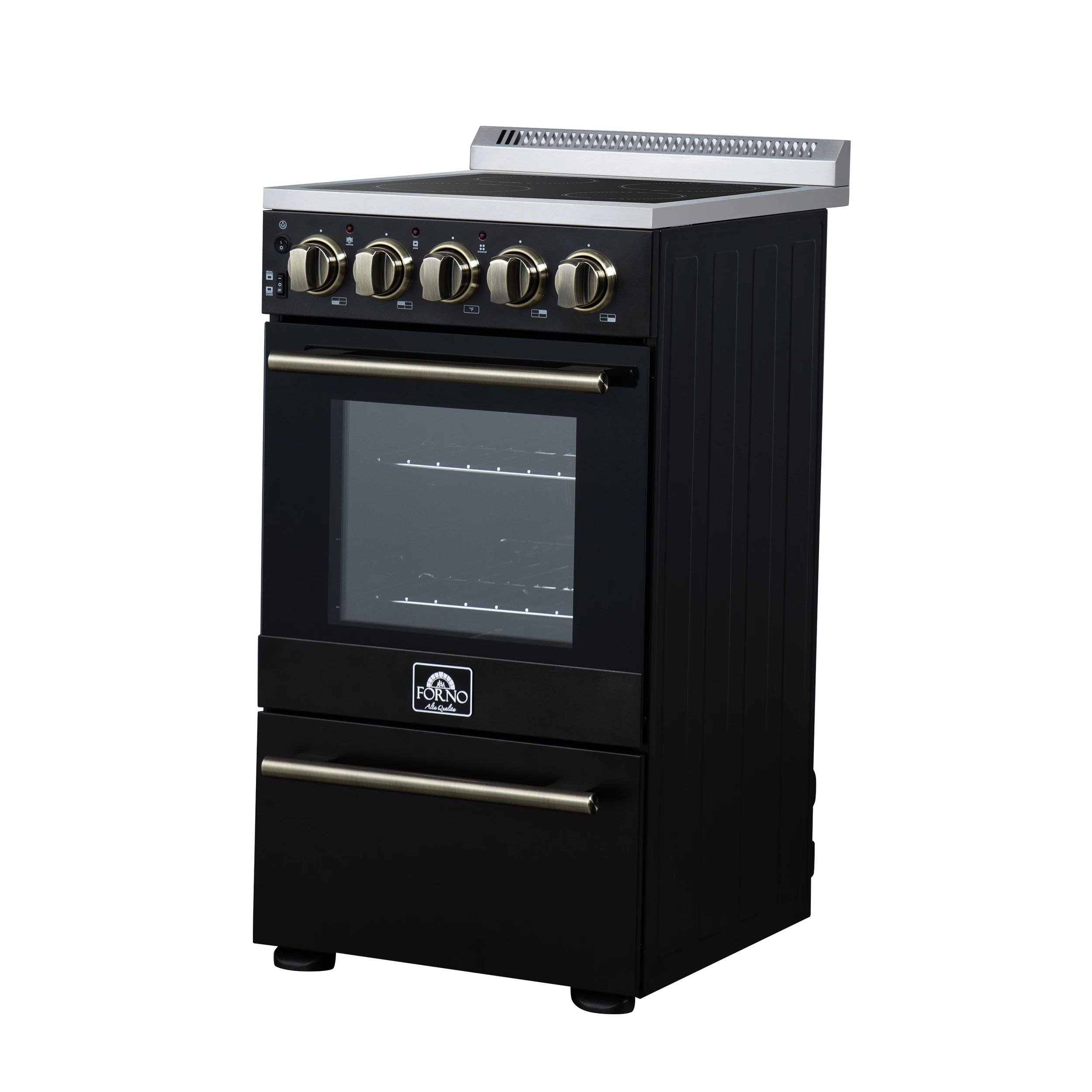 Pallerano 20 Inch Freestanding Electric Range in Black with Antique Brass, Compact Design FFSEL605220BLK