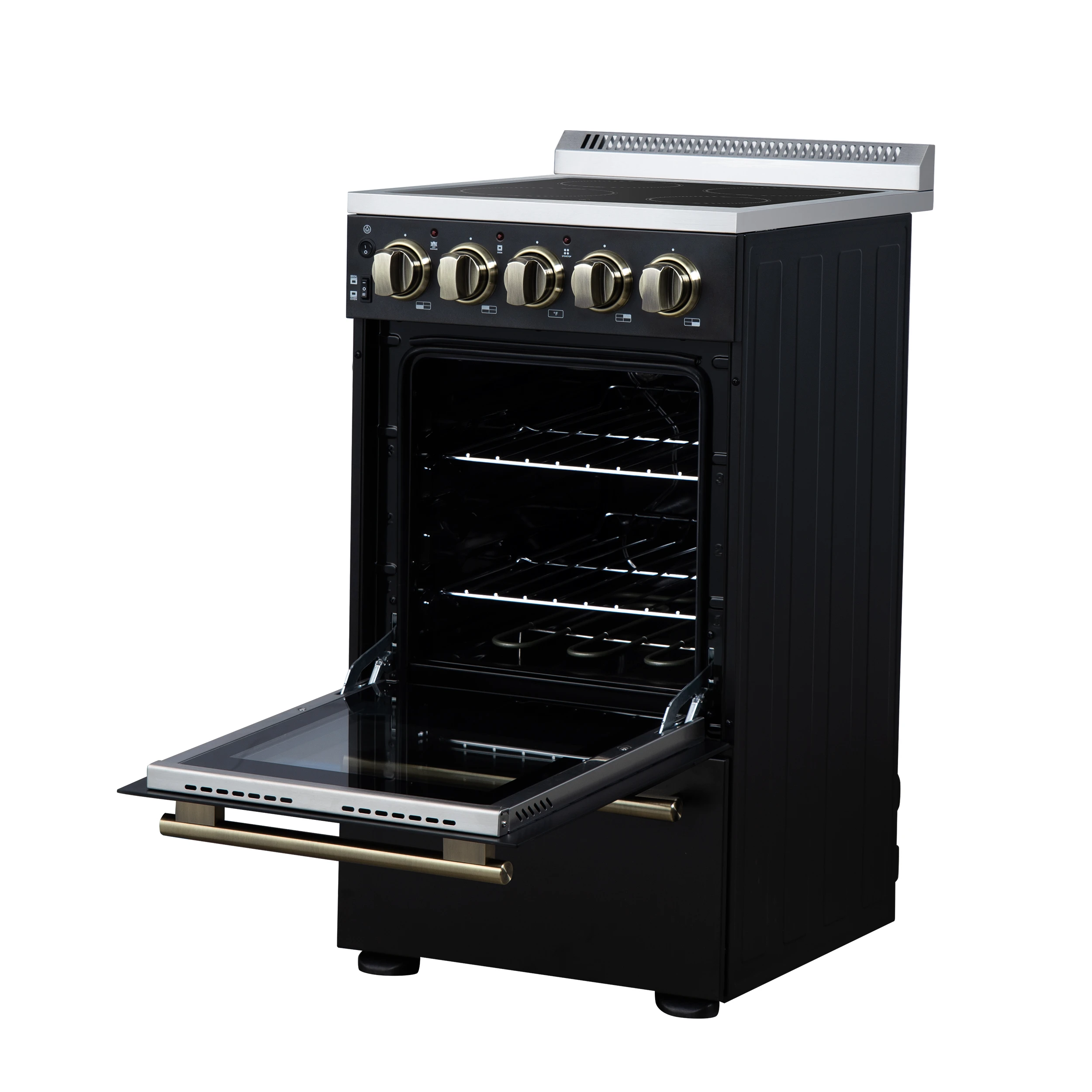 Pallerano 20 Inch Freestanding Electric Range in Black with Antique Brass, Compact Design FFSEL605220BLK
