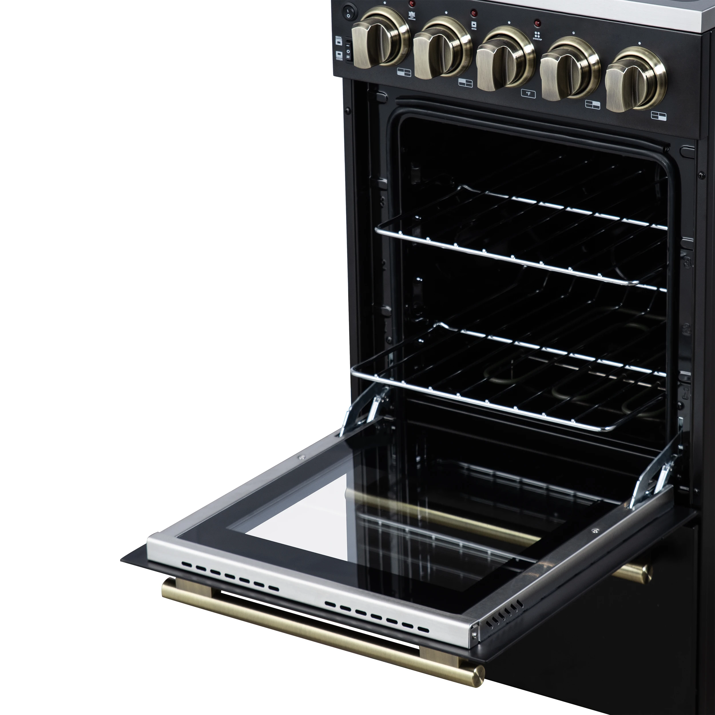 Pallerano 20 Inch Freestanding Electric Range in Black with Antique Brass, Compact Design FFSEL605220BLK